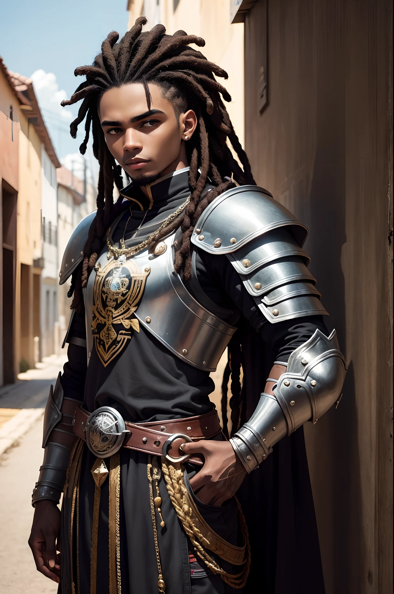 Jovem negro con dred com escudo e Machado di armadura dourada