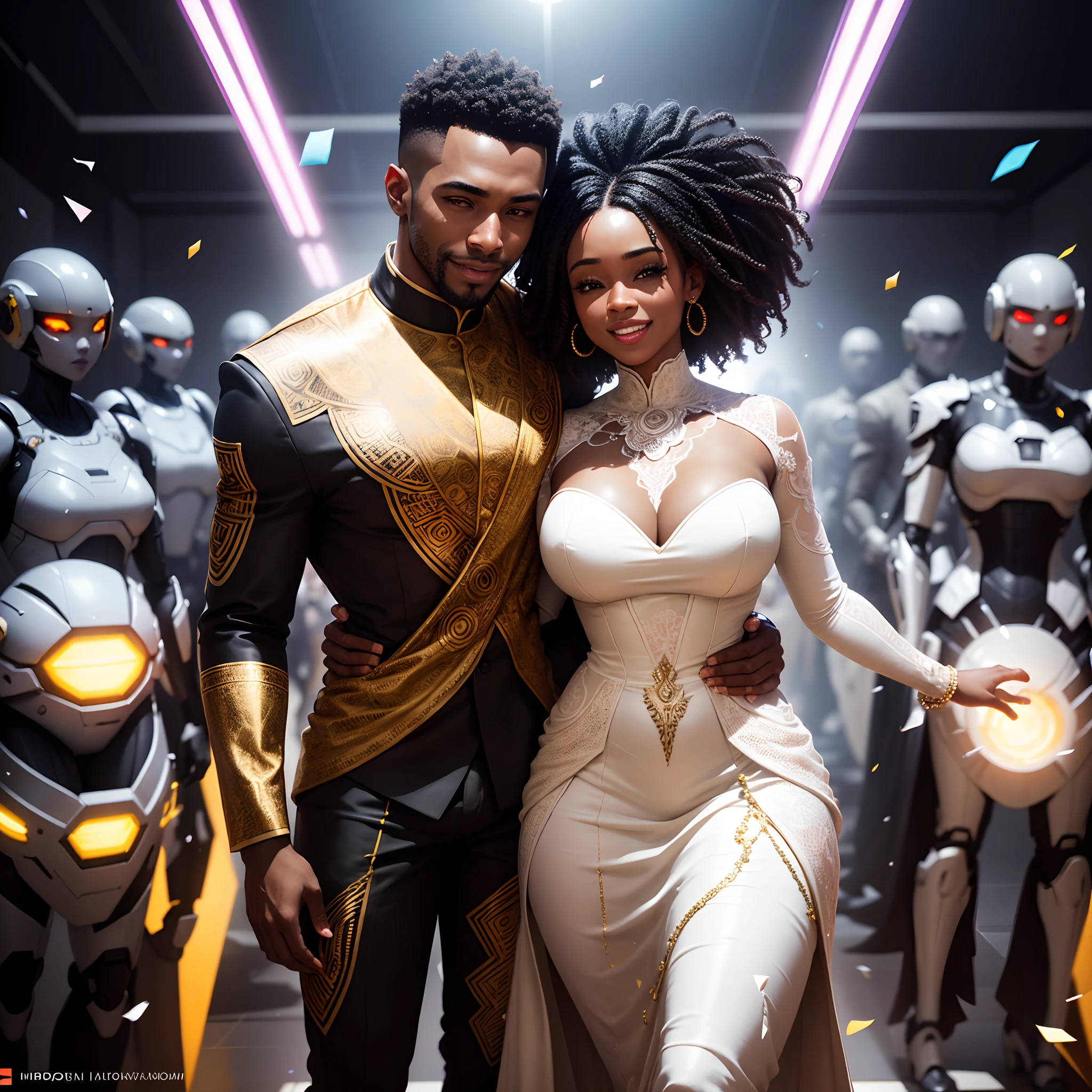 a happy Black man wedding a black woman both wearing african designed clothes getting married, in a room full of robots, confetti in the air,  celebrating congregation in the background,  with iridescent light, photorealistic image, ultra HD, cinematic lighting, artgerm style, 32k, unreal engine rendered,