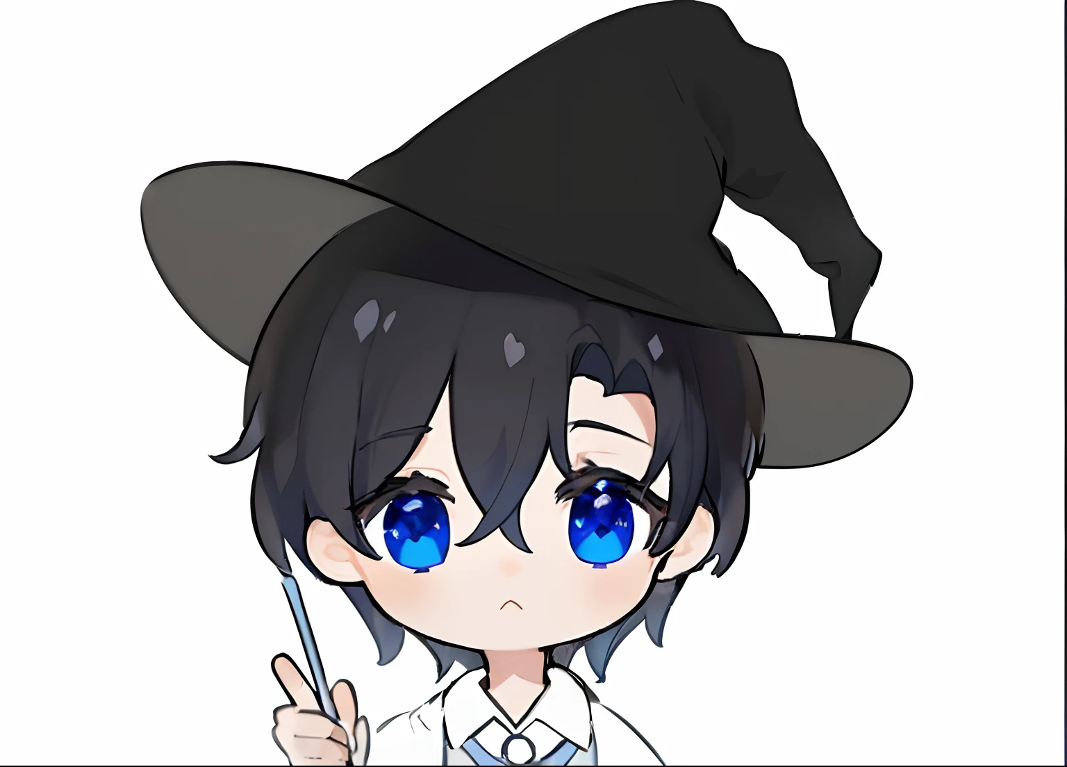 Anime boy with blue eyes wearing a black hat and holding a wand, young wizard, in an anime style, black-haired mage, 2 d anime style, In anime style, anime moe art style, as an anime character, hagrid in cute anime style, tchibi, holding a wand, inspired by Okumura Togyu, Wizard Academy, Calm wizard