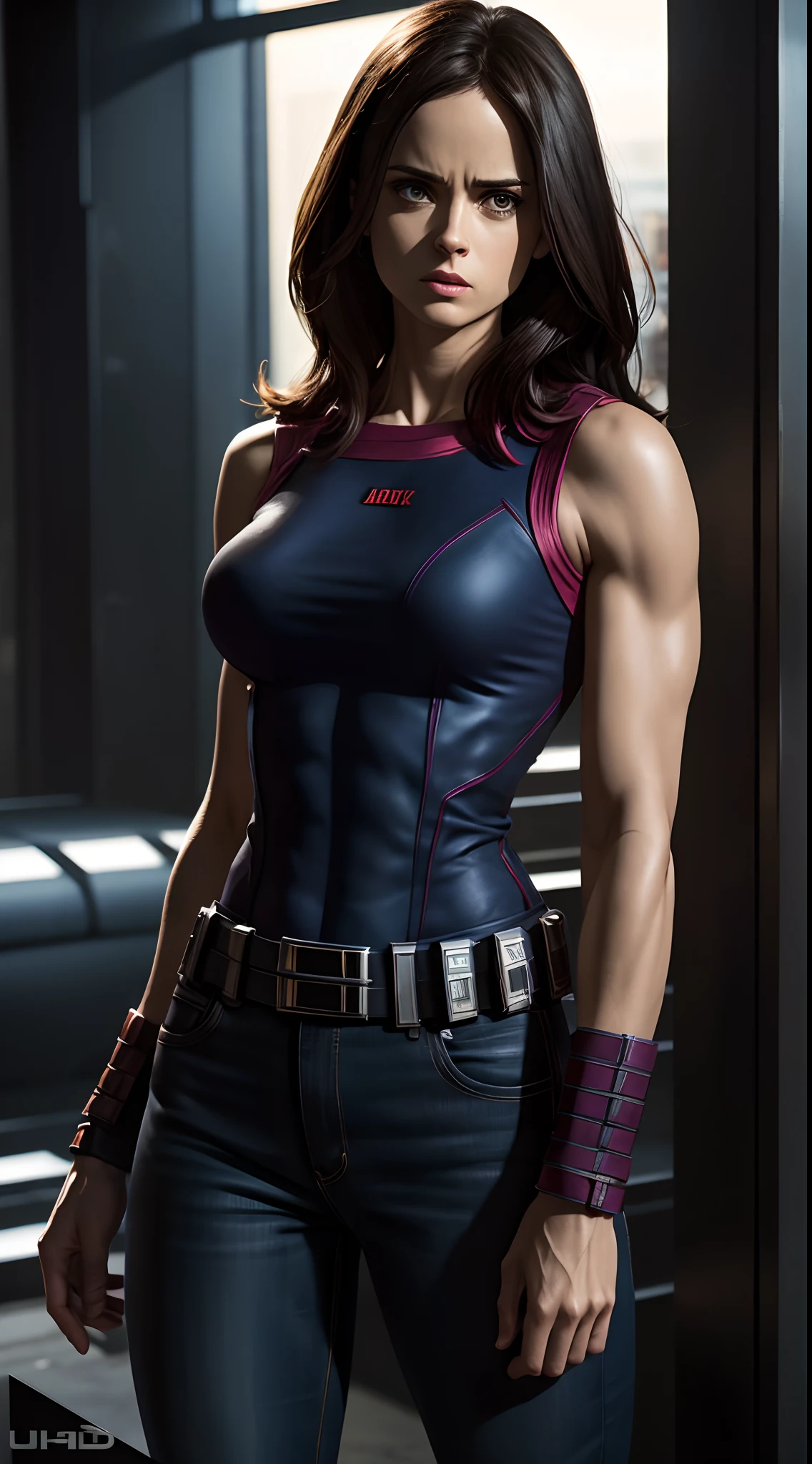 Jessica Jones Marvel, super strong, muscular, ABS, 35mm lens, photography, ultra details, HDR, UHD,8K
