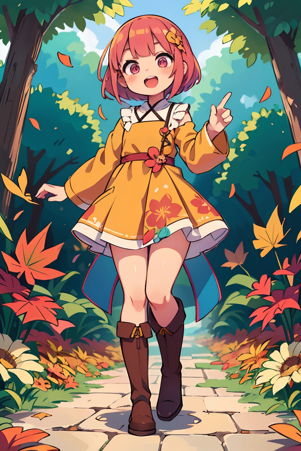 Stand in front of the photo、1girl in,Full body,a short bob, rainbow color Hair,long boots,Open mouth and big smile、Water droplets on the cheeks、kawaii pose、Flowing iridescent silk、up of face、Eye Up、Colorcon with heart pattern、Floral dress、There are flowers even in front of you、flower petals、season!!: 夏天☀ 🍂