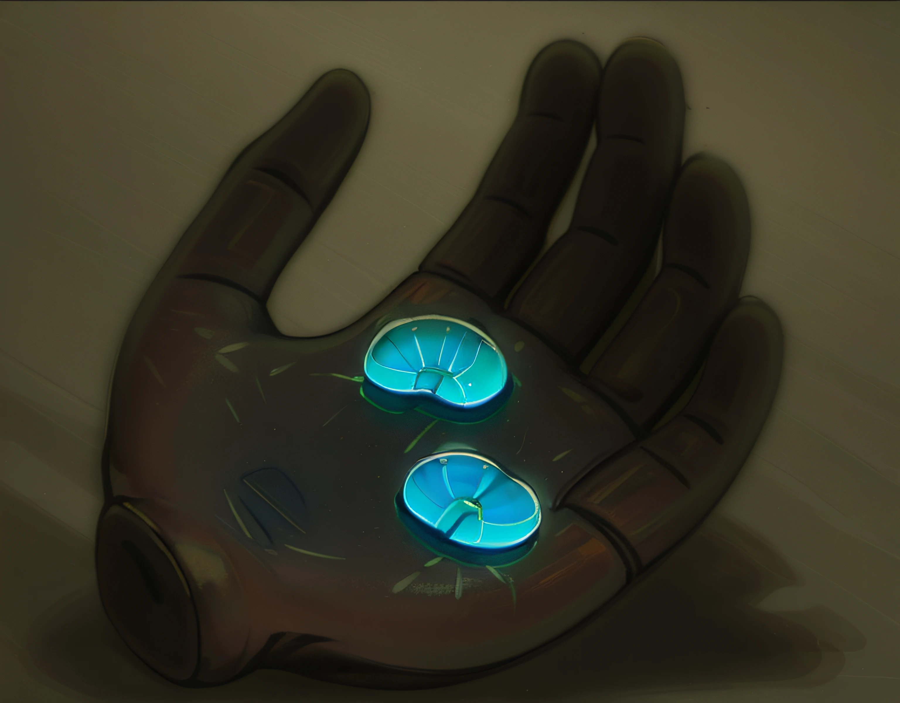 Someone is holding a pair of bright blue beans in the palm of their hand, glowing liquid, dedos brilhantes, feito de cera brilhante, filled with bioluminescence, Blue bioluminescent plastics, pele bioluminescente!, blue bioluminescence, cogumelos azuis brilhantes, made of glowing wax and ceramic, esporos brilhantes voando, brilho de geleia, brilhando no escuro