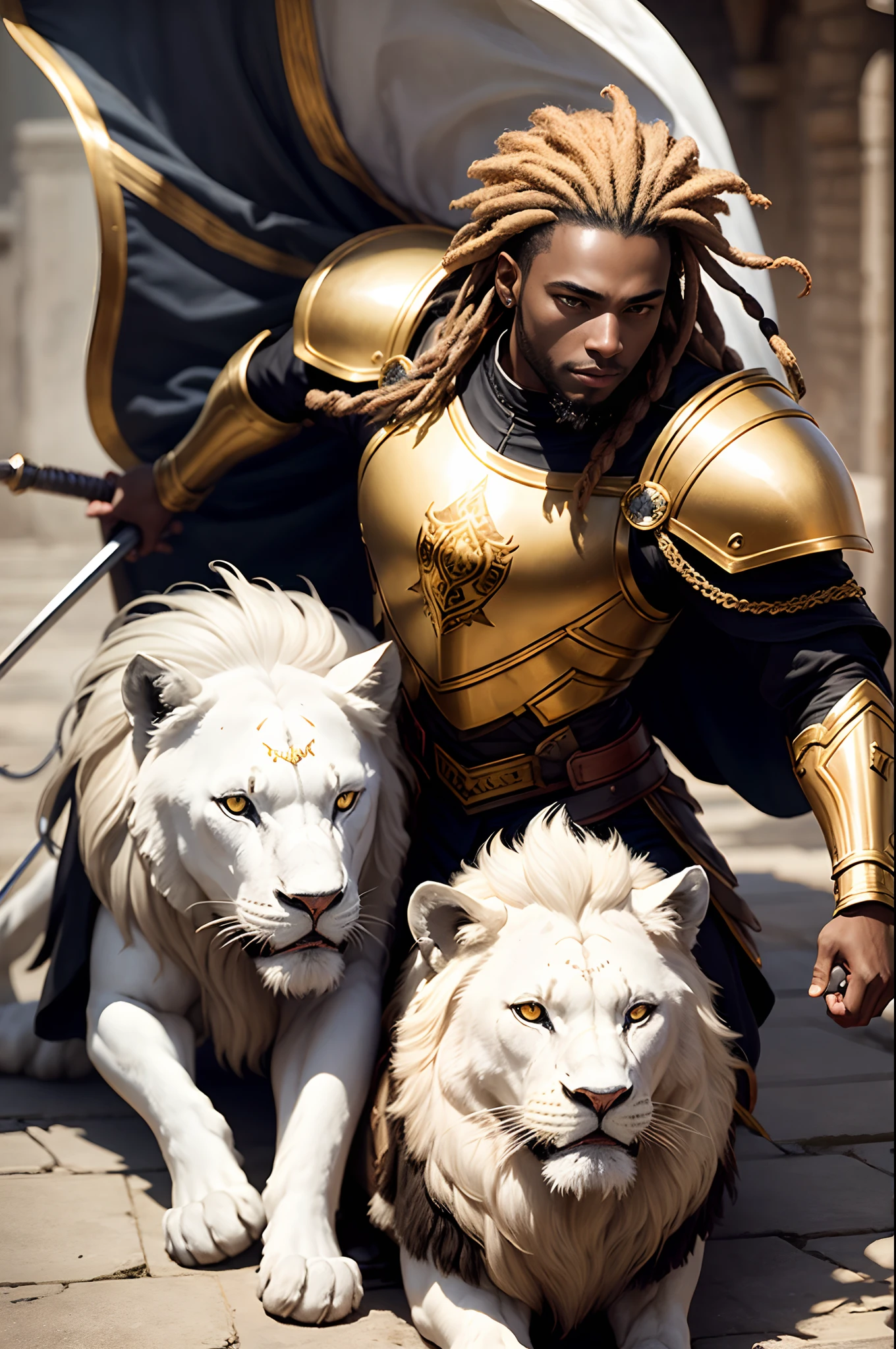 Young black man with dred shield and golden armor axe riding on a white lion