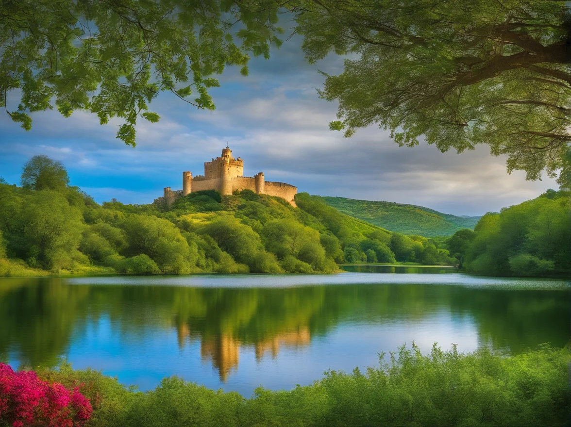 Oleo, imponente castillo de meceta en medio del paisaje, puente, Kali, pinos, arboles florecidos, aves, green Mountains in the background, cielo azul con hermosas nubes, imagen maravillosamente colorida, arte digital.