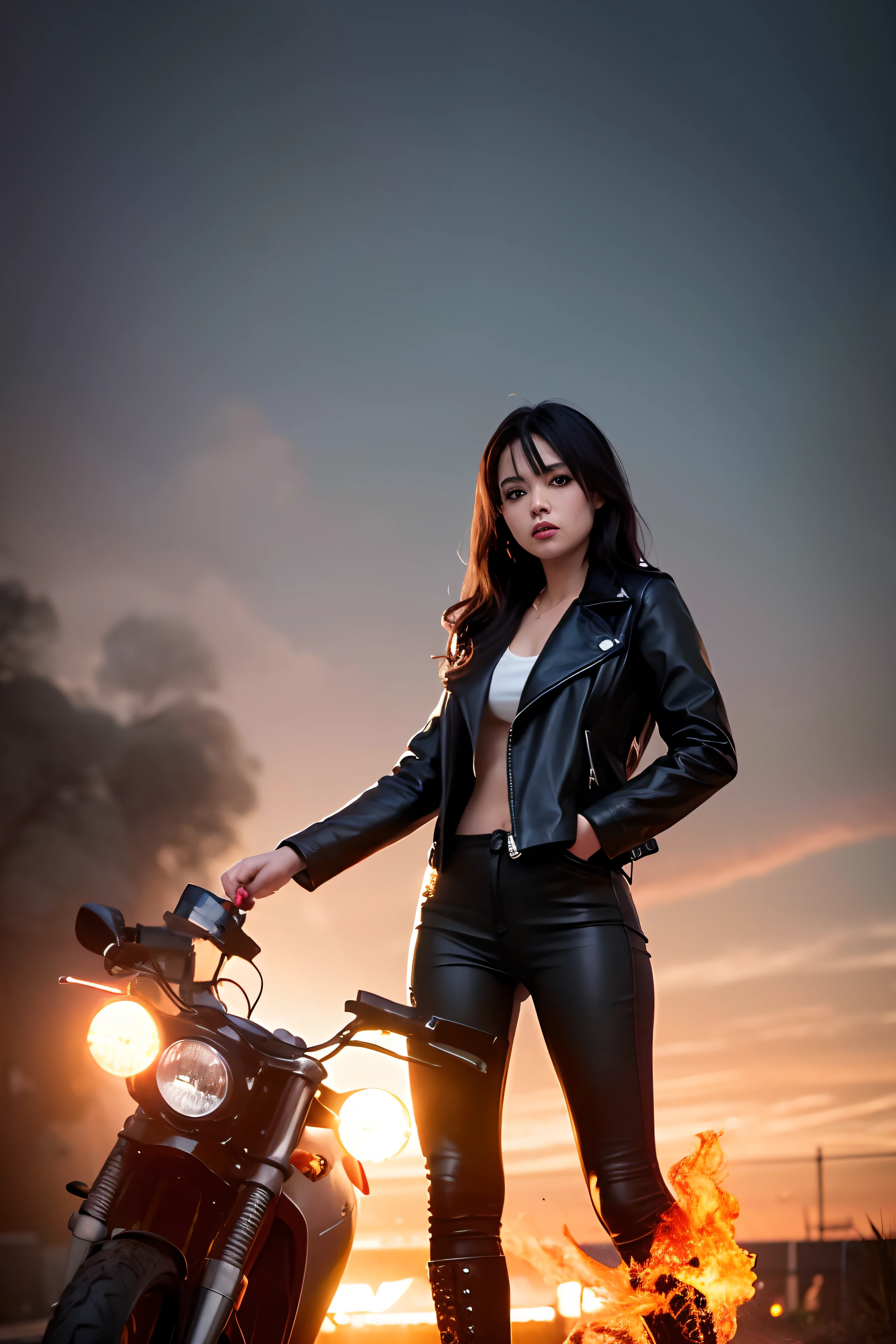 1girl, long curly black hair, brown eyes, wearing black leather jacket, black leather long pants, black boots, city, motorcycle, high res, ultrasharp, 8K, masterpiece, looking at viewer, full body photo, magnificent scene, epic scenes, fire, battlefield, smoke, ember, gothic