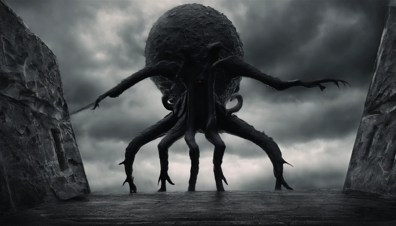 (back view, naked woman, STANDING LEGS APART, black patent high heels, black latex stockings, black latex gloves) dramatic angle, extreme angle shot, low-angle shot, wide-angle shot, dark moody storm-clouds sky, lovecraftian,visceral,nightmare,tentacles,dreadful humanoid,imagination,fantastical,dramatic,dark tones,paranormal,macro lens,surreal juxtaposition,lovecraftian,cosmic horror,horror,c'thulhu background