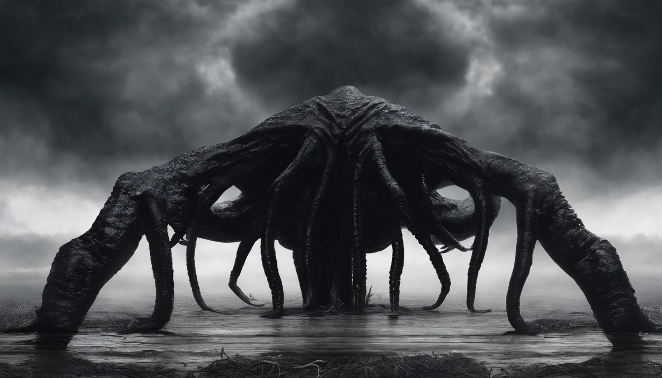 (back view, naked woman, STANDING LEGS APART, black patent high heels, black latex stockings, black latex gloves) dramatic angle, extreme angle shot, low-angle shot, wide-angle shot, dark moody storm-clouds sky, lovecraftian,visceral,nightmare,tentacles,dreadful humanoid,imagination,fantastical,dramatic,dark tones,paranormal,macro lens,surreal juxtaposition,lovecraftian,cosmic horror,horror,c'thulhu background
