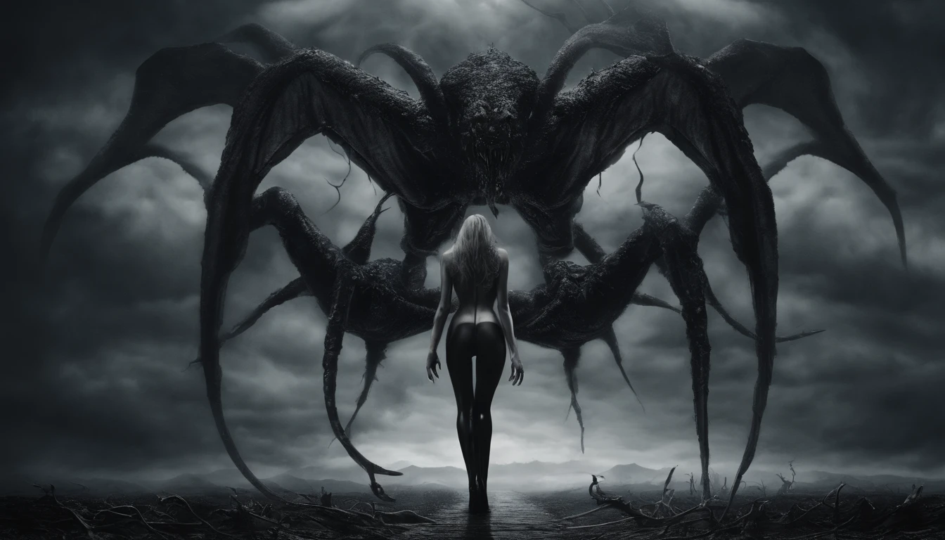 (back view,    naked woman, STANDING LEGS APART, black patent high heels, black latex stockings, black latex gloves) dramatic angle, extreme angle shot, low-angle shot, wide-angle shot, dark moody storm-clouds sky, lovecraftian,visceral,nightmare,tentacles,dreadful humanoid,imagination,fantastical,dramatic,dark tones,paranormal,macro lens,surreal juxtaposition,lovecraftian,cosmic horror,horror,c'thulhu background