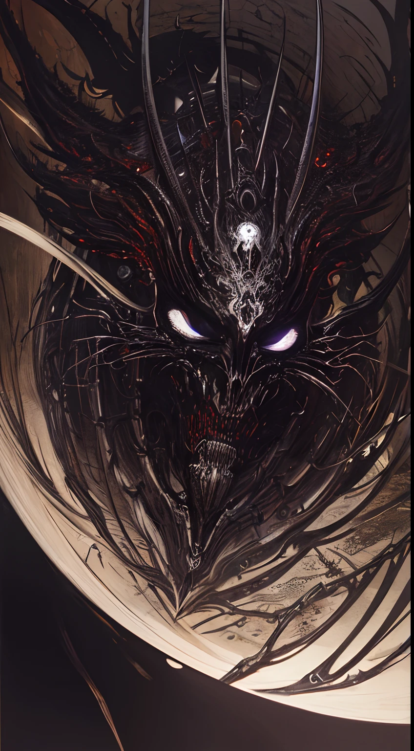 biomechanical god of death and life,illustration,oil painting,highres,ultra-detailed,extremely detailed face,creepy eyes,ominous presence,mechanical elements,skull motif,mysterious aura,dark background,sinister atmosphere,dramatic lighting,vivid colors,sharp focus