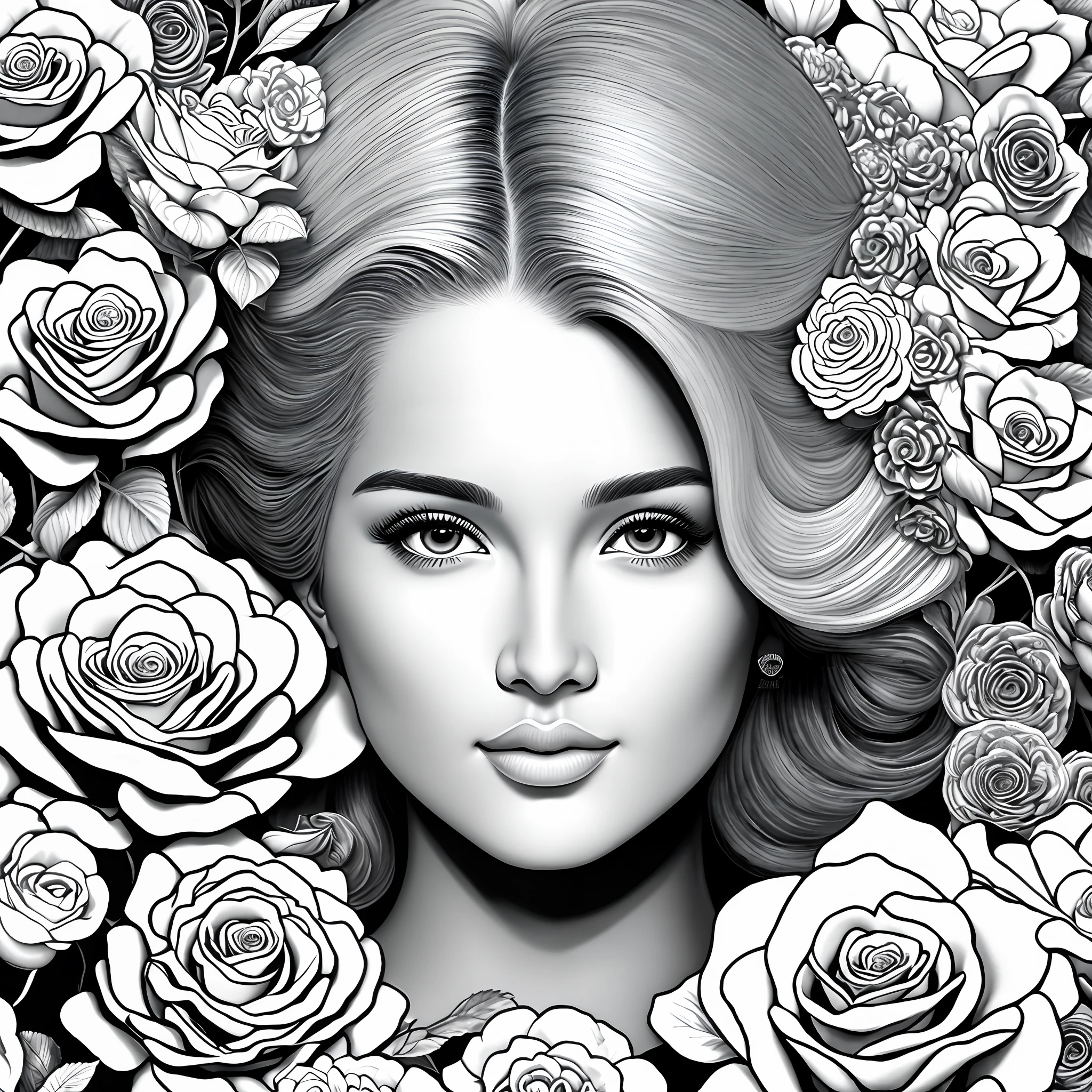 8k, Surrounded by roses, closeup headshot, Dynamic pose, Grayscale illustration, Adult coloring page，The city of Athens