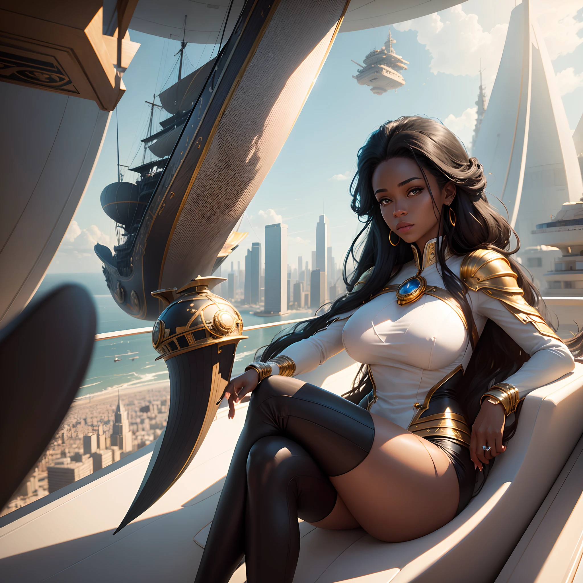 flying ship in the form of an elongated ball over the city, the ship has a transparent top glass, a black man and a black woman in white clothes with gold sit in chairs in the ship, fantasy, future, space, cinematic light, hyper-realistic, super-detailed, realism, photorealistic style
