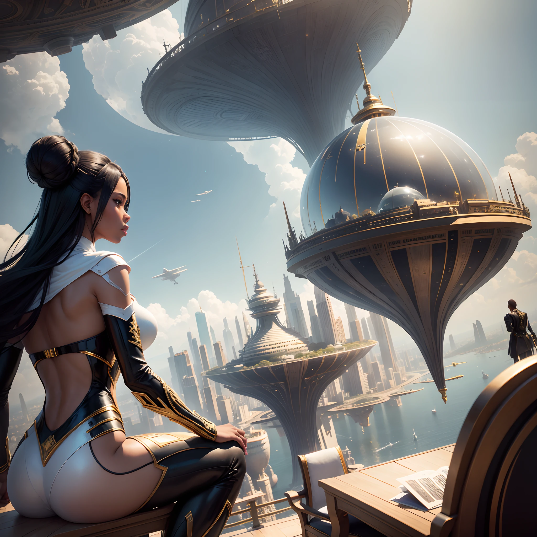 flying ship in the form of an elongated ball over the city, the ship has a transparent top glass, a black man and a black woman in white clothes with gold sit in chairs in the ship, fantasy, future, space, cinematic light, hyper-realistic, super-detailed, realism, photorealistic style