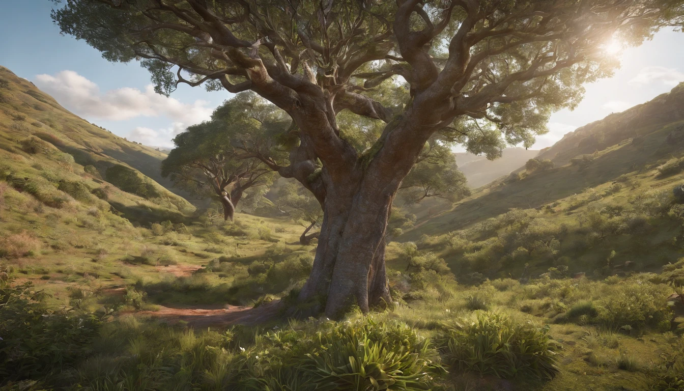 photographing a beautiful scene, paisagem maravilhosa, blue sky with clouds, Brazilian cerrado scenery, green grass, with Serra Geral mountains, remains of large trees, photographed with phase 16-24mm, angle from bottom to top, volumetric light, photorealistic, creamy light, similar to the movie Mad Max, "Cinematic, hyper-detailed, insane details, beautifully graduated colors, Unreal Engine, DOF, Super-resolution, Megapixel, Cinematic Lightning, Anti-Aliasing, FKAA, TXAA, RTX, SSAO, Post -processing, post-production, tone mapping, CGI, VFX, SFX, incredibly detailed and complex, hyper maximalist, hyperrealistic, volumetric, photorealistic, ultra photorealistic, ultra detailed, intricate details, 8K, super detailed, colorful, volumetric lighting, HDR, realistic and unreal engine, 16K, sharp focus