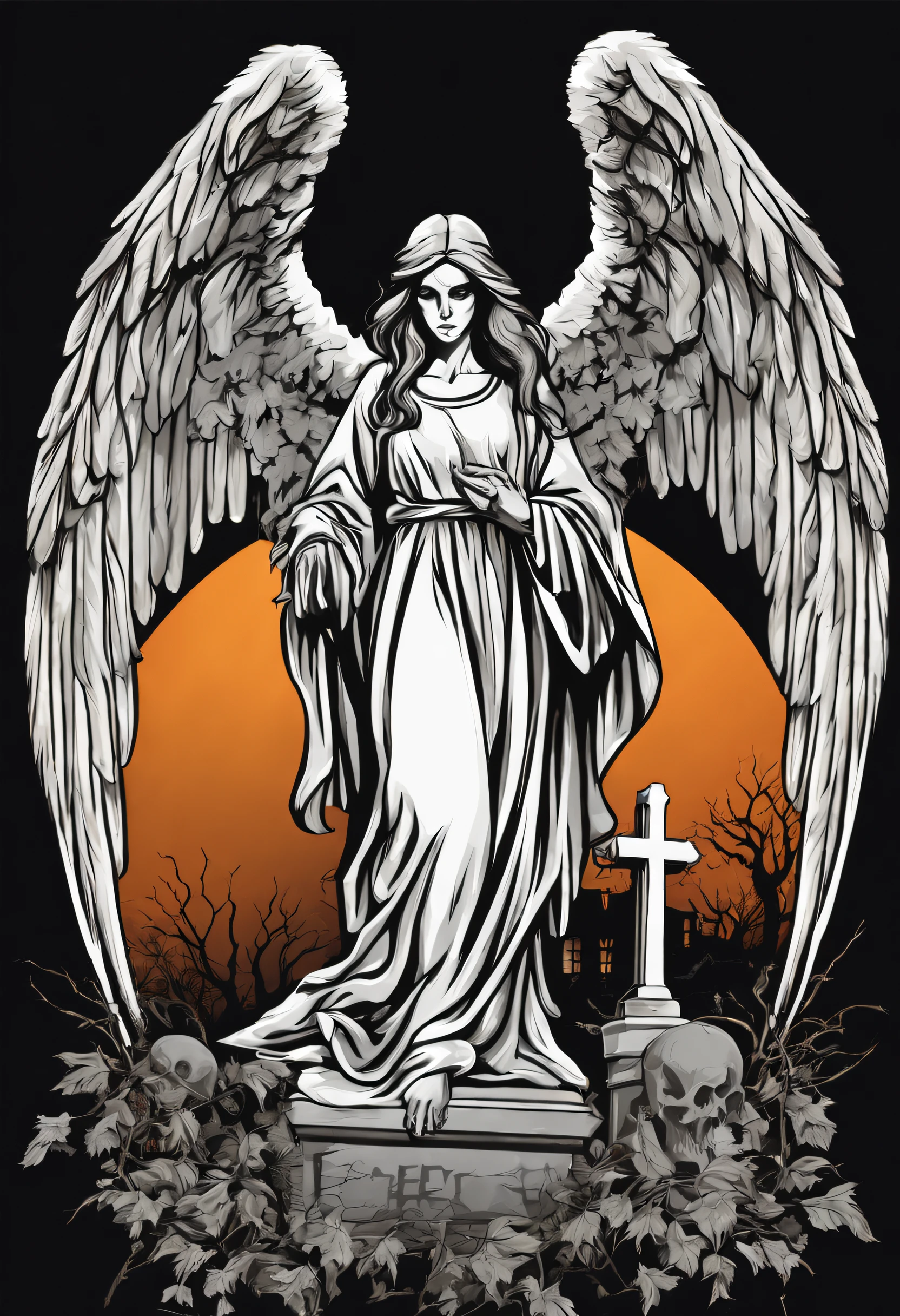 High quality design vector style image, t-shirt print style, black angel graphic art, white background realistic colors, Halloween theme graphic design style, random cemetery scene