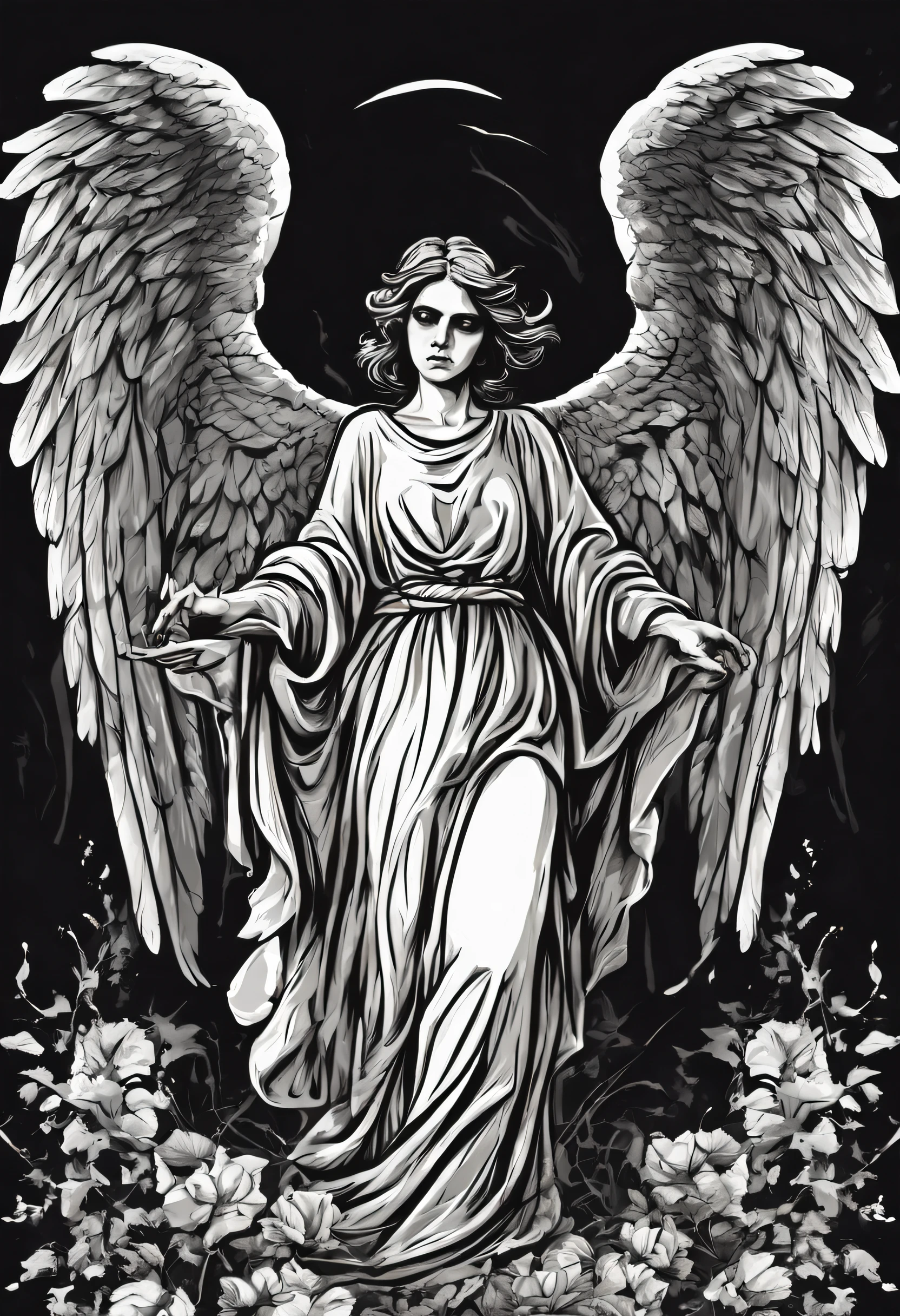 High quality design vector style image, t-shirt print style, black angel graphic art, white background realistic colors, Halloween theme graphic design style, random cemetery scene