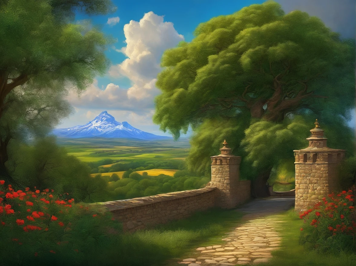 Oleo, imponente castillo de meseta, puente, Kali, pinos, arboles florecidos, aves, green Mountains in the background, cielo azul con hermosas nubes, imagen maravillosamente colorida, arte anime.