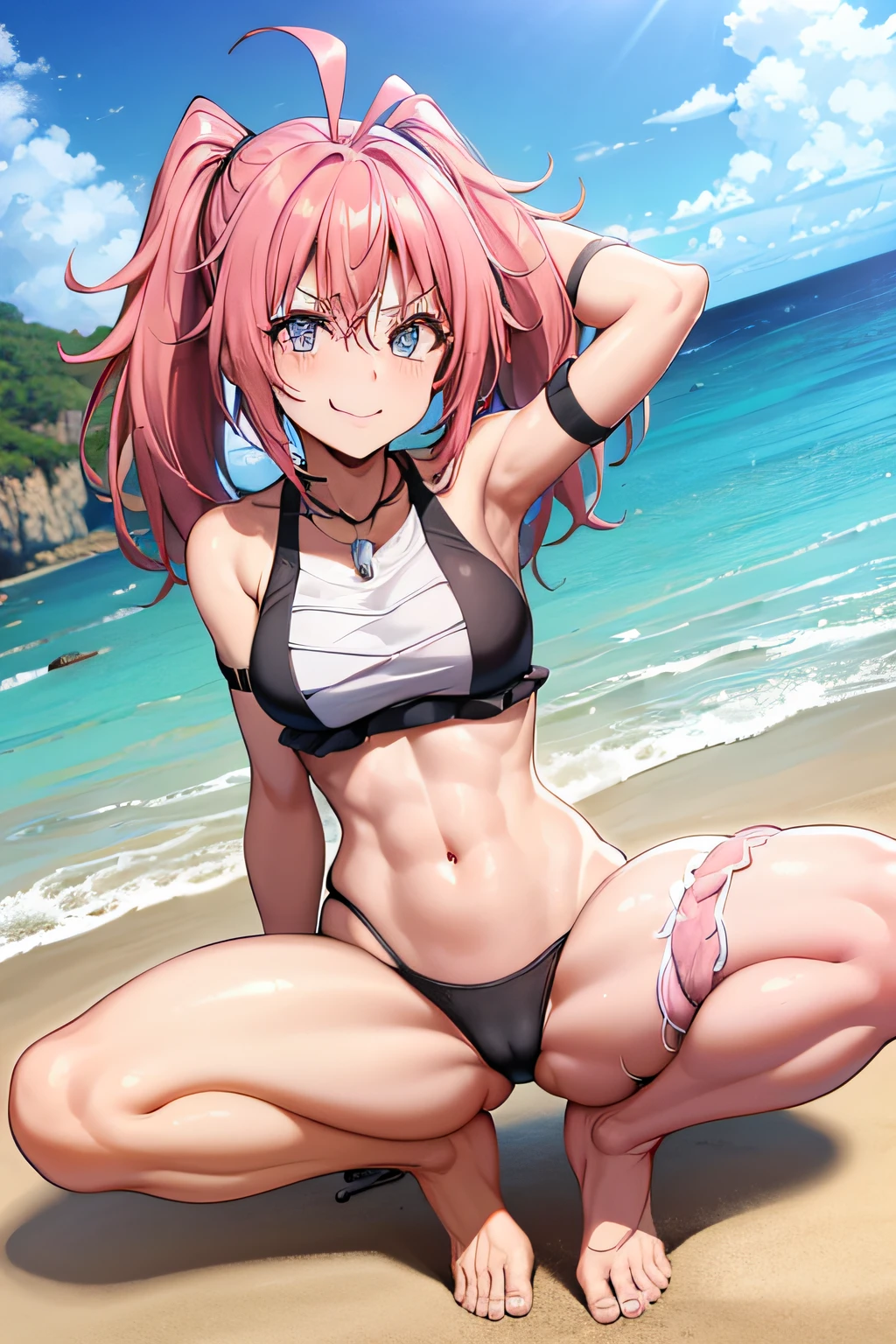((female)), (very messy hair), (sorriso feliz), Presas, ((abdominais rasgados)), Toned arms and legs, peitos pequenos, Suor excessiva, (Summer beach scenery), olhos muito azuis, iate no fundo, standingn, barefoot