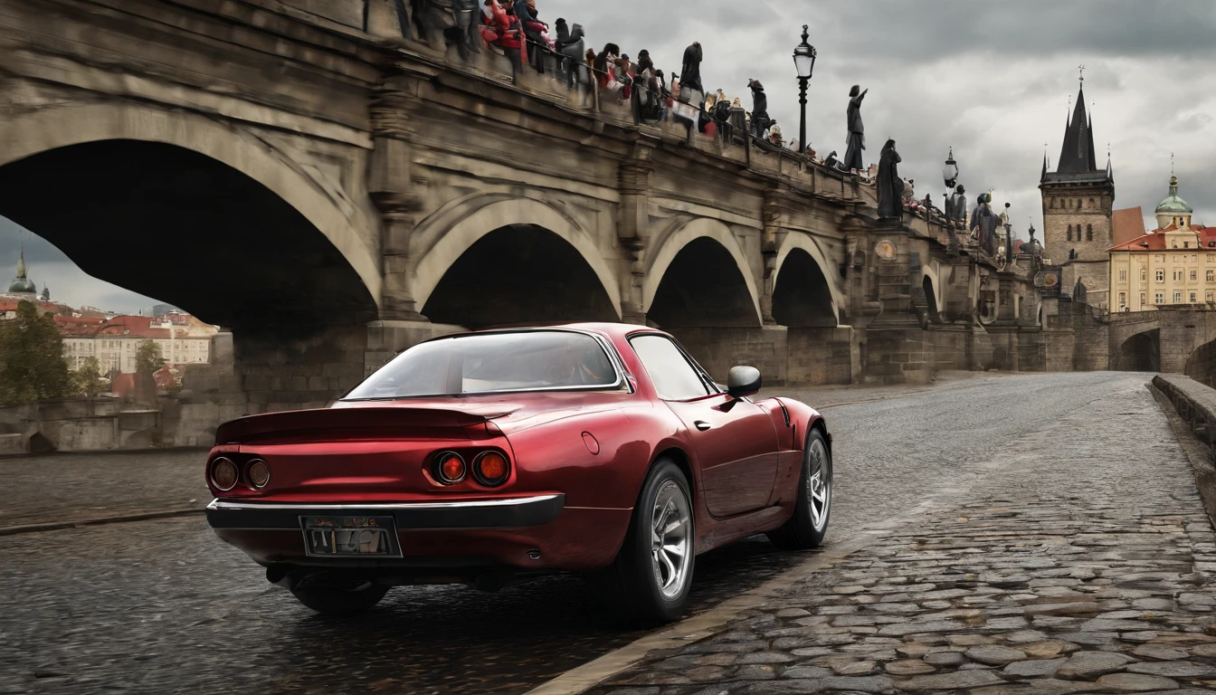 Mazda RX Vision driving on an old bridge in Prague