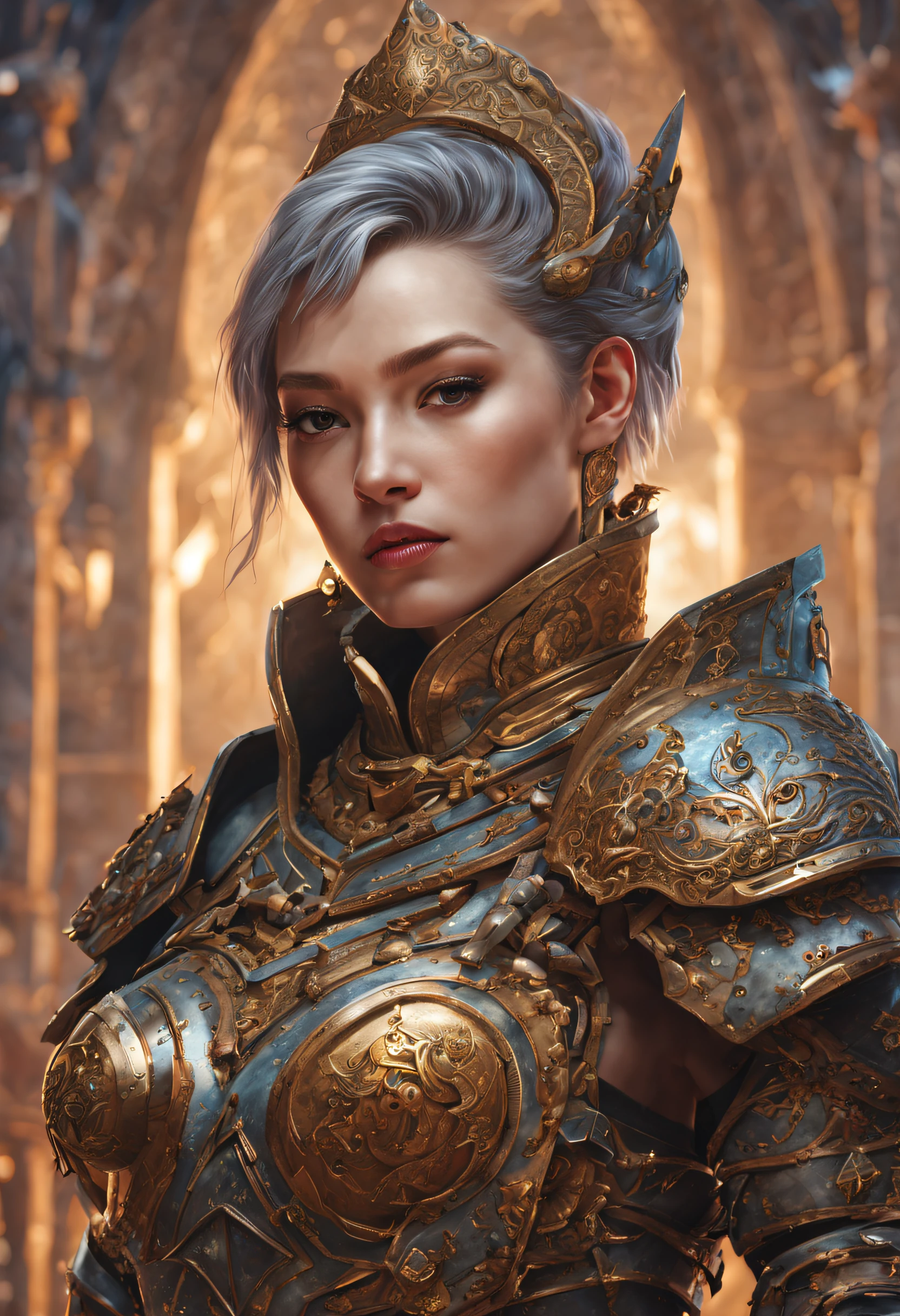 a detailed warrior girl with giant armor full of details and ornaments,beautiful girl with very short hair