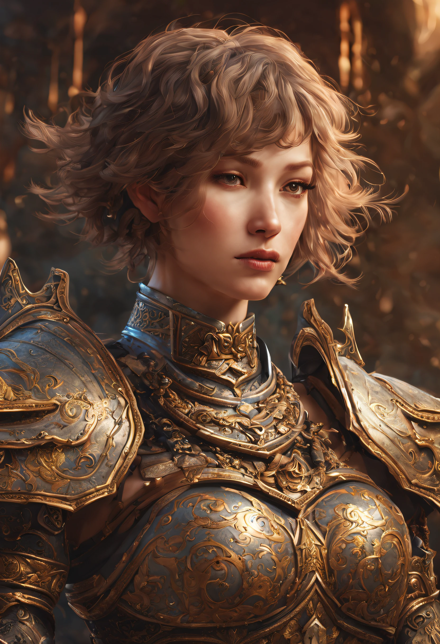 a detailed warrior girl with giant armor full of details and ornaments,beautiful girl with very short hair