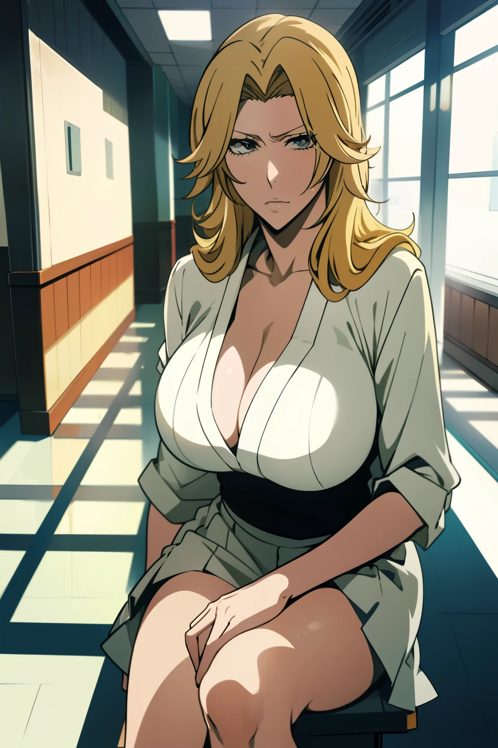 rangiku, solo, closed white shirt, short gray skirt, sitting, blonde hair, school hallway, medium breasts | big breasts,