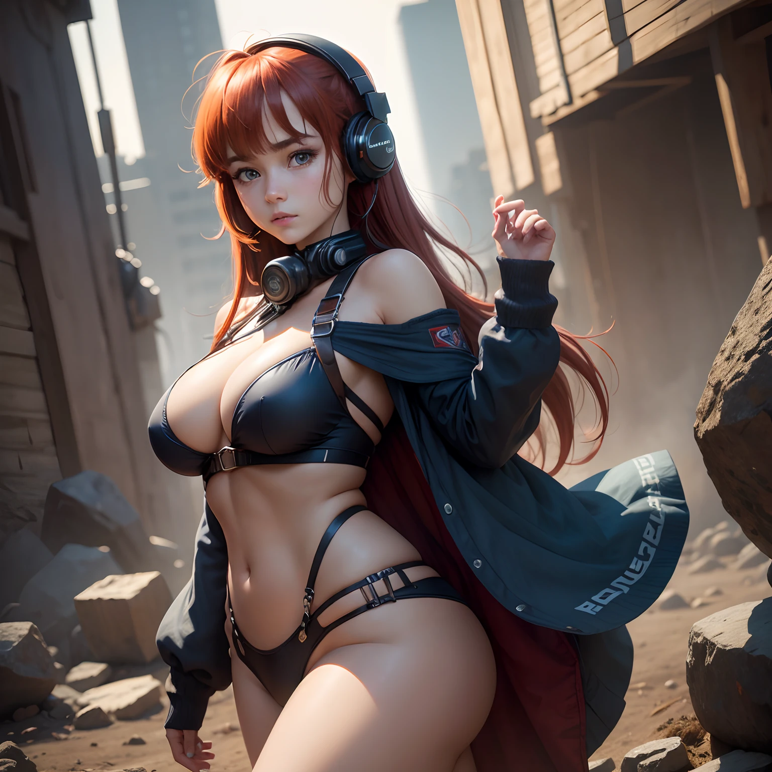 8k, masterpiece, best quality, realistic, higly detailed, cowboy shot, 1girl, solo, miku, emotionless looking girl, medium-length red hair, strands of hair hanging over the right side of her face, a set of wireless headphones that have a triangle-shaped logo on the ear cups around her neck, dark blue eyes, average height, well-endowed figure, large breasts, bangs cover her right eye, War Bringuer