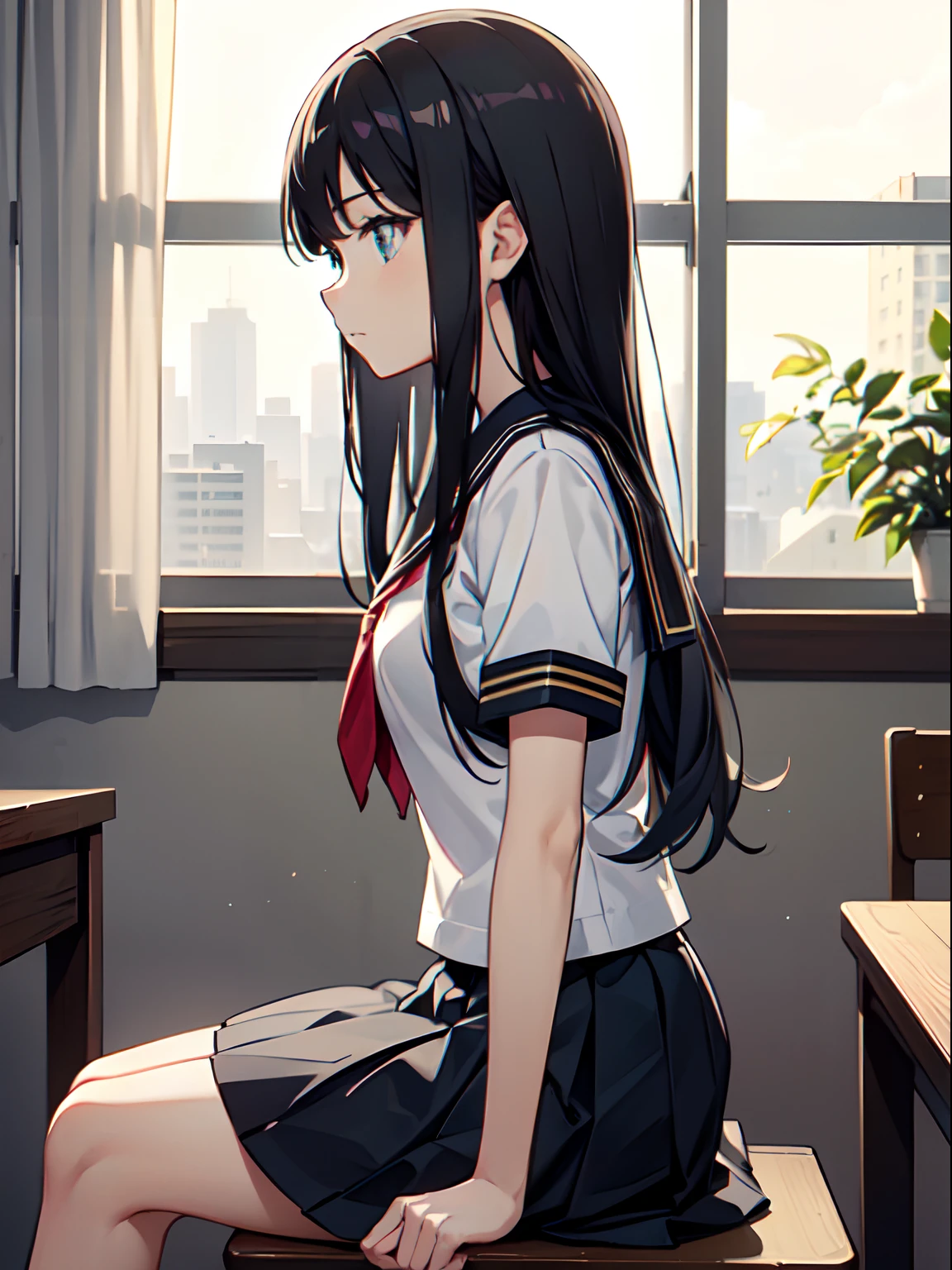 Beautiful , (sit straight ),Cute, Uniforms and skirts, (shiny black long hair),(Bright eyes) ,Gradient Eyes, (Sunlight streams through the window),(Anime style),(nffsw), Atmospheric perspective, masutepiece,((From Side)), acurate, ((Best Quality)), High quality, Super Detail, high details, Anatomically correct, hight resolution, 1080p