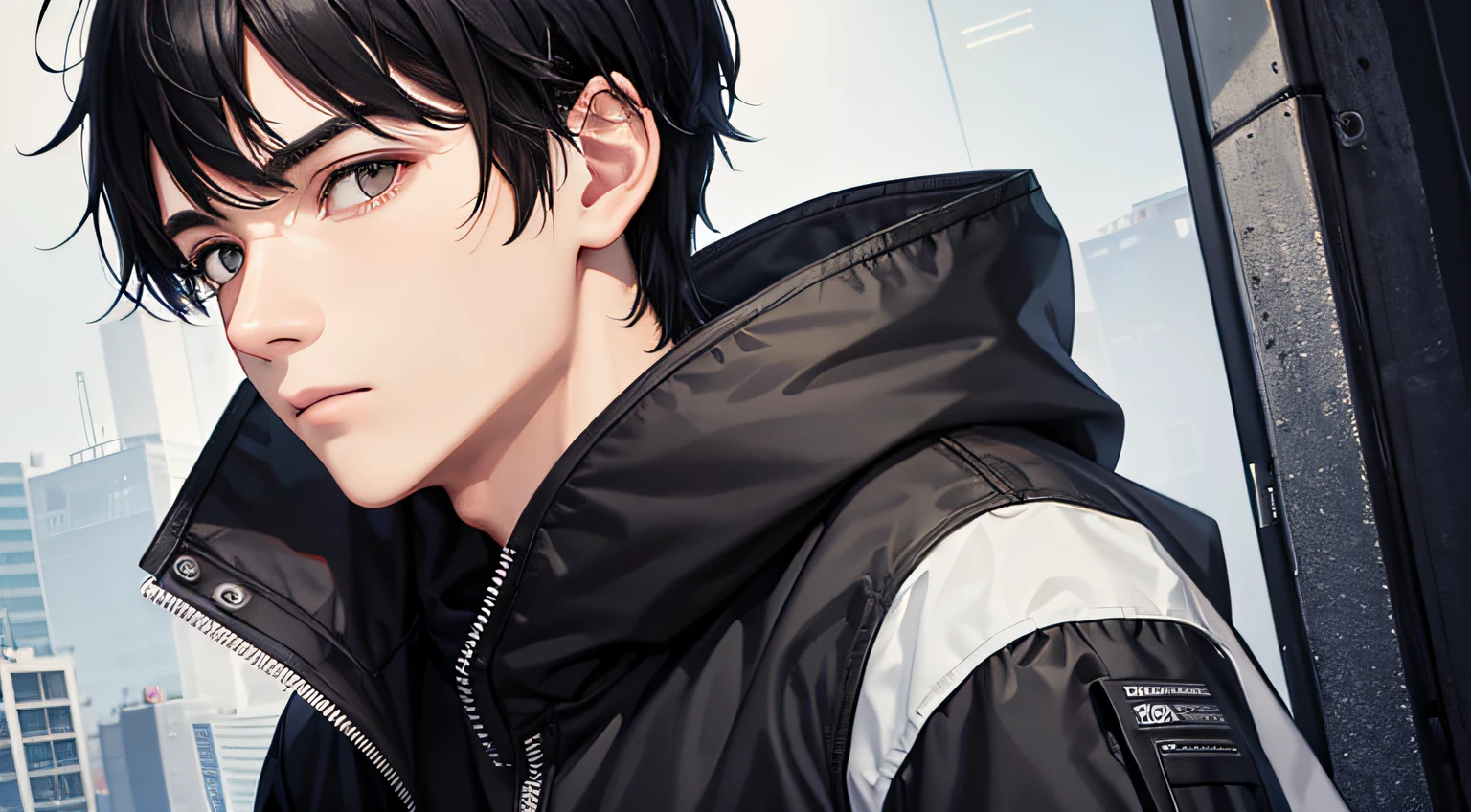 20-year-old man with short black hair、Straight face、up of face、face forwards、Alone、parka、hightquality