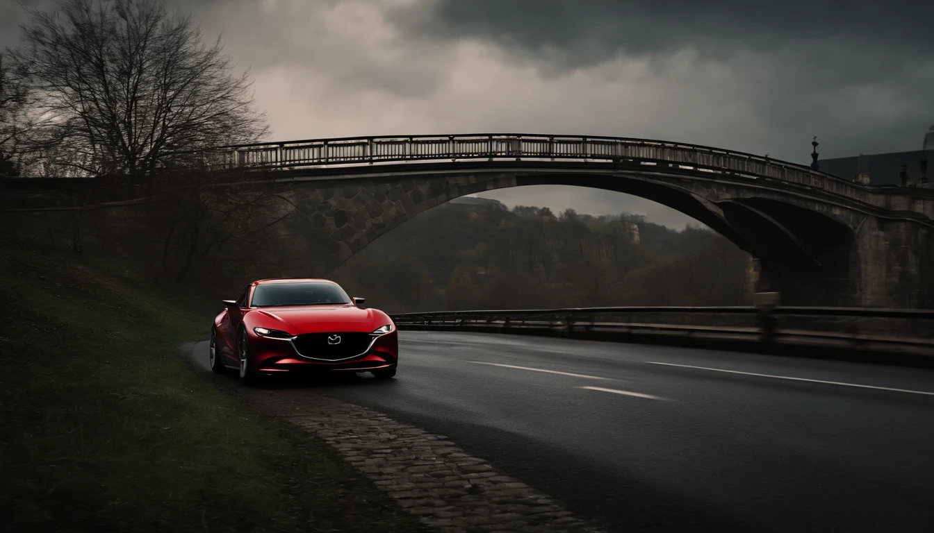 Mazda RX Vision driving on an old bridge in Prague
