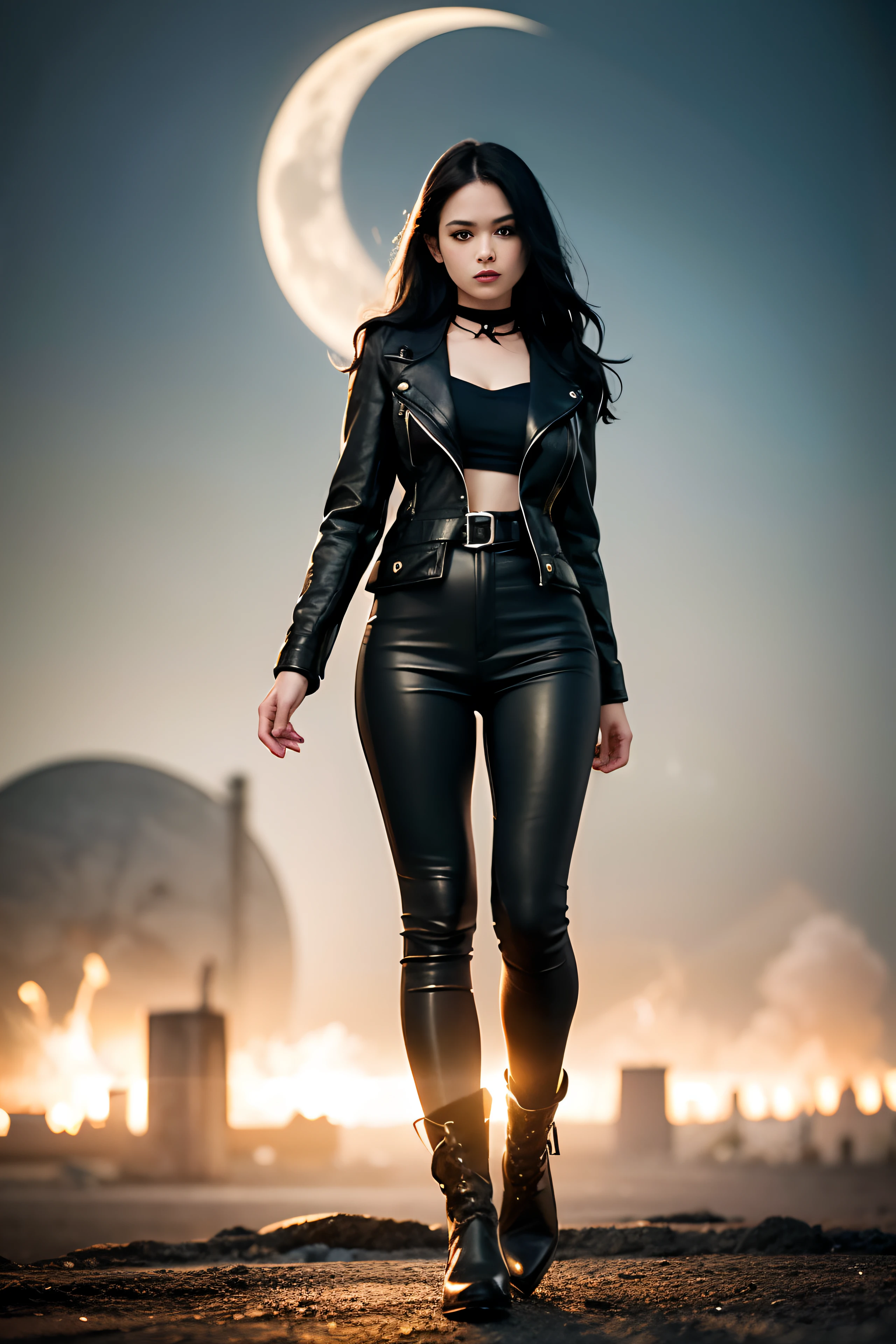 1girl, long curly black hair, brown eyes, wearing black leather jacket, black leather long pants, black boots, city, high res, ultrasharp, 8K, masterpiece, looking at viewer, full body photo, magnificent scene, epic scenes, gothic, moon, fire spell, smoke, sparks, magic, battle