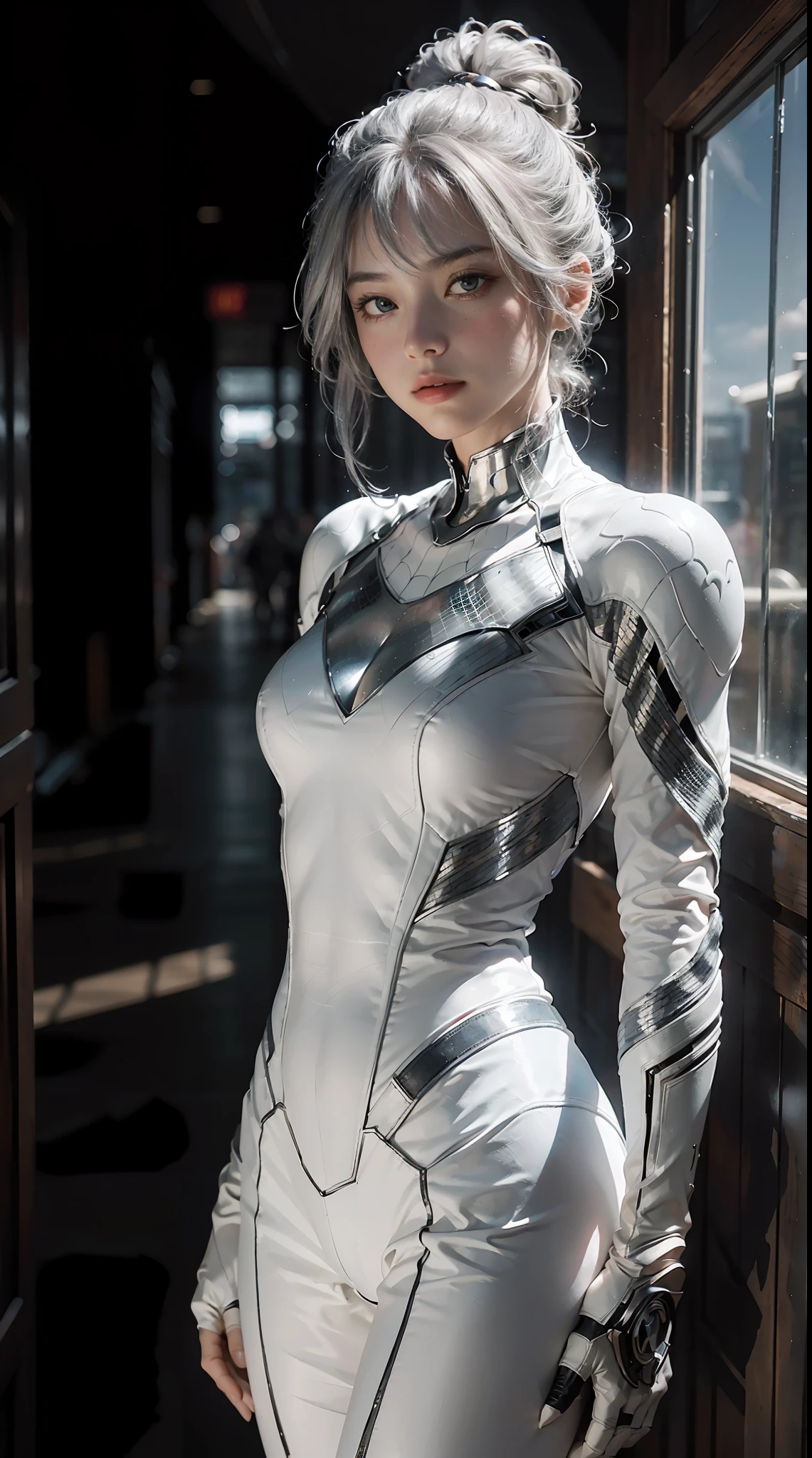 (CG Unity 8K wallpaper in extreme detail，tmasterpiece，Highest image quality)，(Delicate light and shadow，The picture is highly dramatic，Cinematic lens effect)，A girl in a colorful costume，Silver-gray hair color，From the Mars parallel universe，Wenger，Marvel，dynamicposes)，(Exceptional detail，The lighting effect is outstanding，Vista wide angle)，(Excellent rendering，Enough to stand out from the crowd)，The focus is on the white Spider-Man costume，Complex spider textures