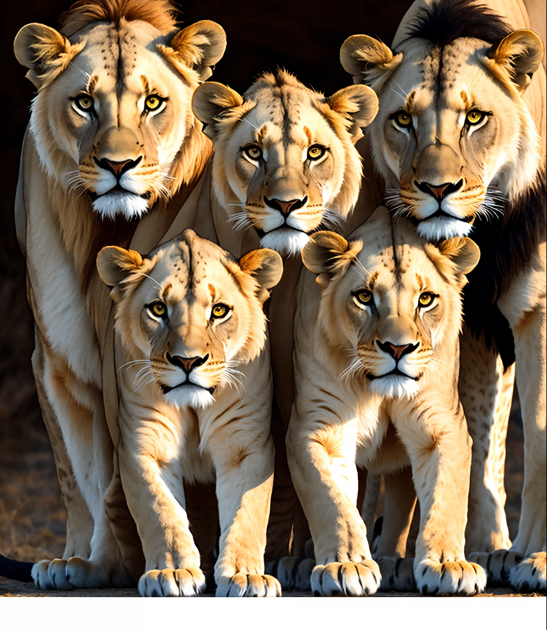 mom and dad lion, three puppies, movie still, 4k