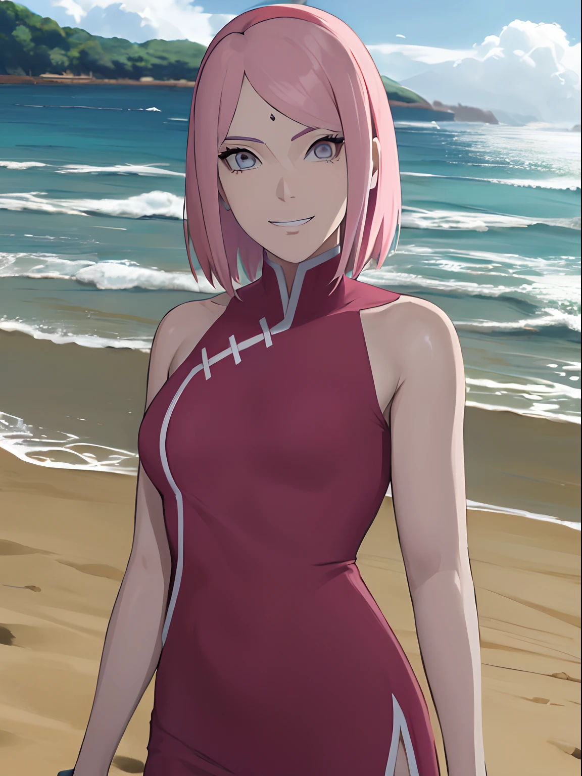 (Obra maestra, 1k, Anime style, Dibujo a mano, vector coloring, retrato, Foto de la cara, Ilustraciones profesionales, Antecedentes detallados de la playa, Detalles intrincados, De color, Bold drawing lines), (Cuerpo ultra detallado, Cabello ultra detallado, Cara ultra detallada, atractivo, seductor), Tendencias en Pixiv, sonrisa amable, color muy caliente, La mejor calidad, 1girl, Contrata, Haruno Sakura, Contrasted lighting, (Marca de la frente, Milf, Cinta roja para el cabello, Pale skin, pelo corto, ((vestido rojo sin mangas), pantalones blancos), ombligo, ingle, brazalete, Mirando al espectador, Brazos cruzados, cabello rosado, ojos verdes, ojos perfectos, Sciera blanca, ojos de anime, delineador de ojos ahumado, sombra de ojos, Cara perfecta, They are smiling, Playa, viento, cabello flotante, Armas detalladas, fuera de los hombros, brazos musculosos, En pie), Soleado, sin bragas, desnuda, xxx,