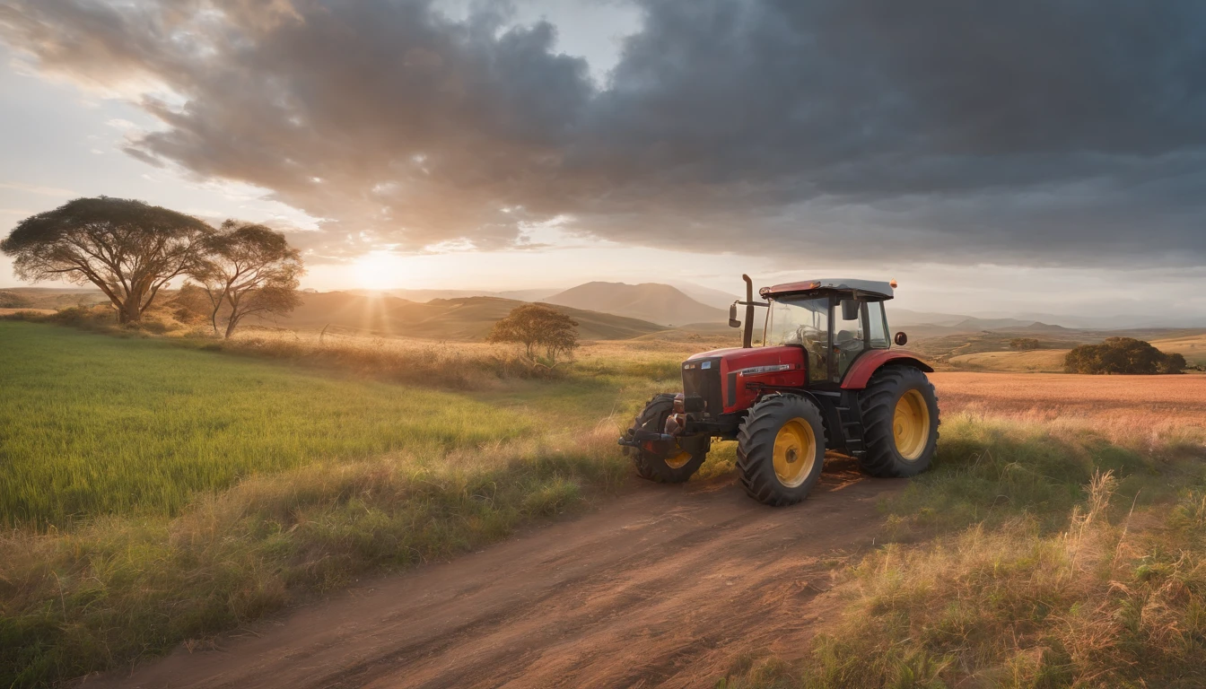 photographing a wonderful beautiful scene of a farm, blue sky with clouds, Brazilian cerrado scenery, green grass, with Serra Geral mountains, tractors working, photographed with 16-24mm phase, angle from bottom to top, volumetric light, photorealistic, creamy light, similar to the movie Mad Max, "Cinematic, hyper-detailed, insane details, beautifully graduated colors, Unreal Engine, DOF, Super-resolution, Megapixel, Cinematic Lightning, Anti-Aliasing, FKAA, TXAA, RTX, SSAO, Post-processing, post-production, tone mapping, CGI, VFX, SFX, incredibly detailed and complex, hyper maximalist, hyperrealistic, volumetric, photorealistic, ultra photorealistic, ultra detailed, intricate details, 8K, super detailed, colorful, volumetric lighting, HDR, engine realistic and unreal, 16K, sharp focus
