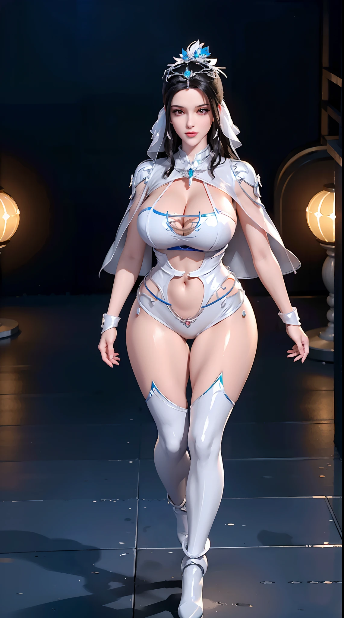 1GIRL, SOLO, COQUETTE, (HAIR ORNAMENT, NECKLACE), (HUGE FAKE BOOBS:1.3), (STREET CITY BACKGROUND), (ICE PHOENIX MECHA CROP TOP, ROYAL CAPE, CLEAVAGE:1.2), (SKINTIGHT YOGA HOTPANTS, HIGH HEELS:1.2), (PERFECT BODY, FULL BODY VIEW:1.5), (LOOKING AT VIEWER), (WALKING DOWN:1.2), MUSCLE ABS:1.3, ULTRA HIGHT DEFINITION, 8K, 1080P.