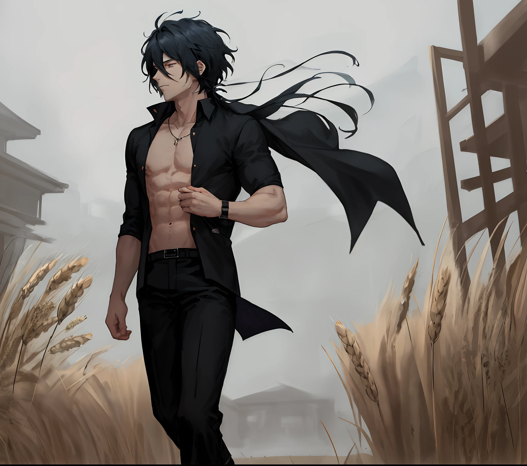 Boy, flowing black hair short, sharp, shaggy features, Wheaty skin ,anime , Bare chest muscles, black pants