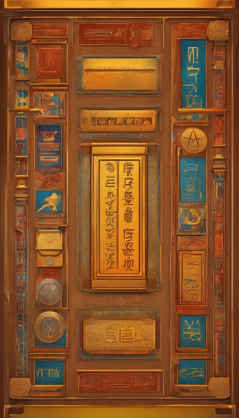 collectible card design, outside frame with sci fi hieroglyphic library laboratory design, inside should be blank, the corners are decorated by a strange series of symbols, each of them covering a different universal aspect, in total there are sixteen of them, they are laid out in four rows of four, colorful, award-winning, professional, highly detailed,