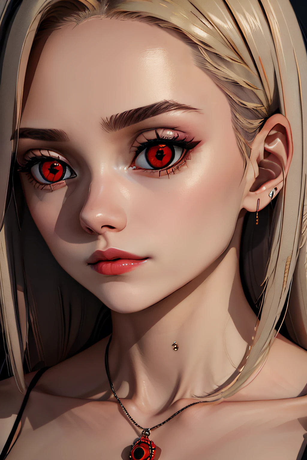 (melhor qualidade, 8k, 32k, obra prima, UHD: 1.2), Photo of an amazing beautiful European woman, pele branca, red-lips, "lindos OLHOS DE SHARINGAN ITACHI UCHIRRA" seios grandes, cabelo bob muito curto, tiro de corpo inteiro, Foco facial, Oversized_sweater, , colar, Plano de fundo simples, de cima, Olhando para o Viewer, Android18DB