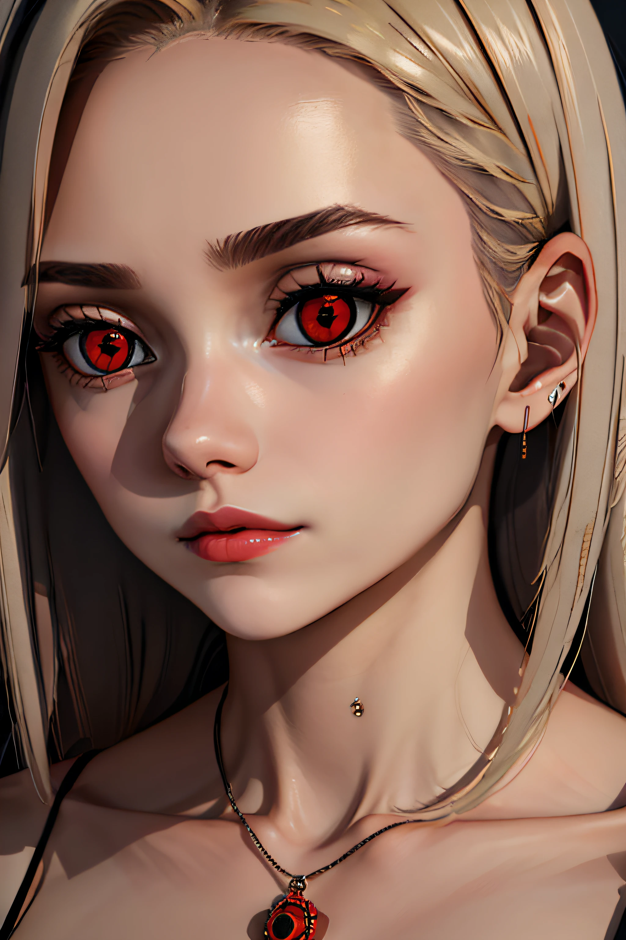 (melhor qualidade, 8k, 32k, obra prima, UHD: 1.2), Photo of an amazing beautiful European woman, pele branca, red-lips, "lindos OLHOS DE SHARINGAN ITACHI UCHIRRA" seios grandes, cabelo bob muito curto, tiro de corpo inteiro, Foco facial, Oversized_sweater, , colar, Plano de fundo simples, de cima, Olhando para o Viewer, Android18DB