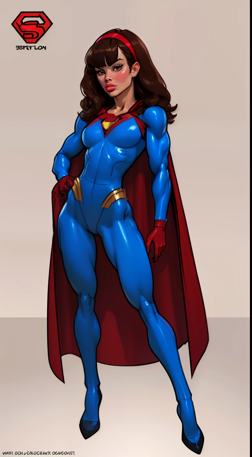 ((masterpiece)),(((best quality))),((character design sheet)), ((full body view)) illustration,(female superhero), muscular, ((blue bodysuit:1.5)), superhero, (brown hair:1.0), (red cape:1.5) ((detailed face:1.4)) beautiful woman, (hairband:1.6) (small head:1.2) ((small breasts:1.4)) (red thighhighs:1.3)(hair bangs:1.4), (long hair:1.4) shiny skin, (yellow logo on chest:1.4)(puffy lips:1.5), (full lips:1.4) (wide hips:1.3), hip dips, detailed lips, (red gloves:1.2) rough sketches, pose, 8k,16k, (simple background, white background: 1.3)