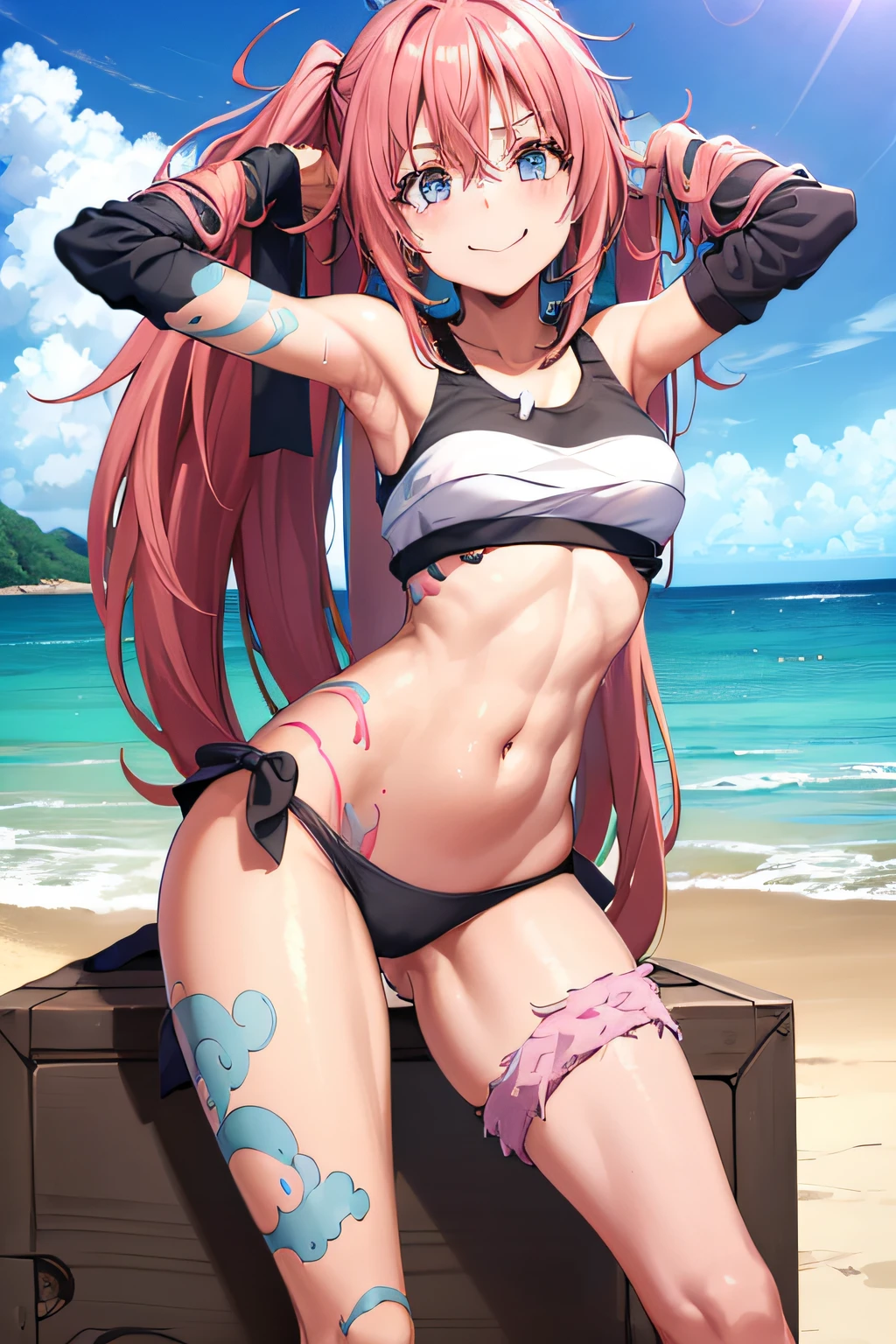 ((female)), (very messy hair), (sorriso feliz), Presas, ((abdominais rasgados)), Toned arms and legs, peitos pequenos, Suor excessiva, (Summer beach scenery), olhos bem azuis, standingn, barefoot, ((pose de boxeador))