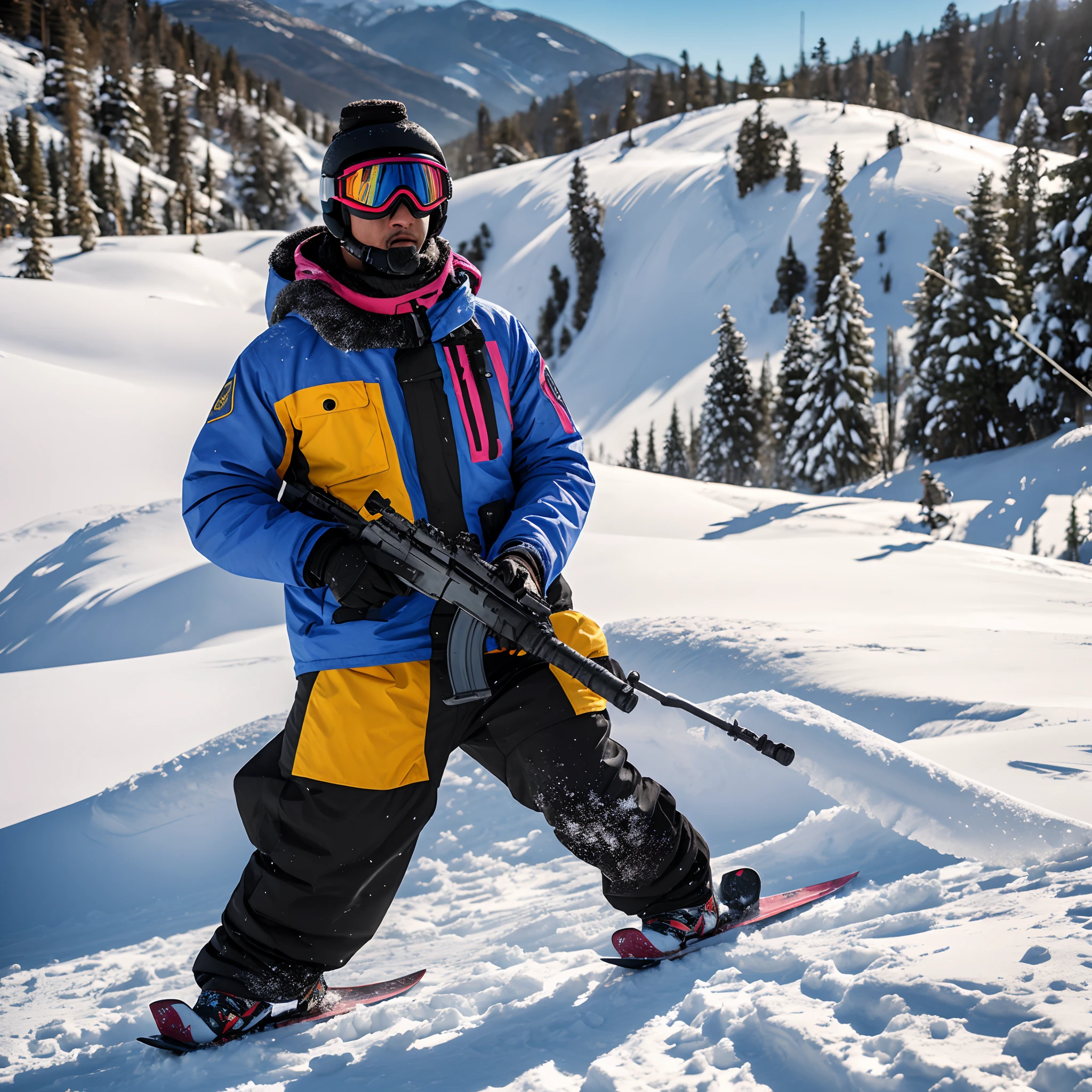 UM SOLDADO NO MEIO DA NEVE, TEMPESTADE DE NEVE, PAISAGENS SURREAIS, Wearing colorful snowboard goggles, MASCARA DE PANO COBRINDO A BOCA, ROUPAS BRANCAS, WITH AN M16 IN YOUR HAND, TODO COBERTO DE NEVE, LONGSHOT, 8K,