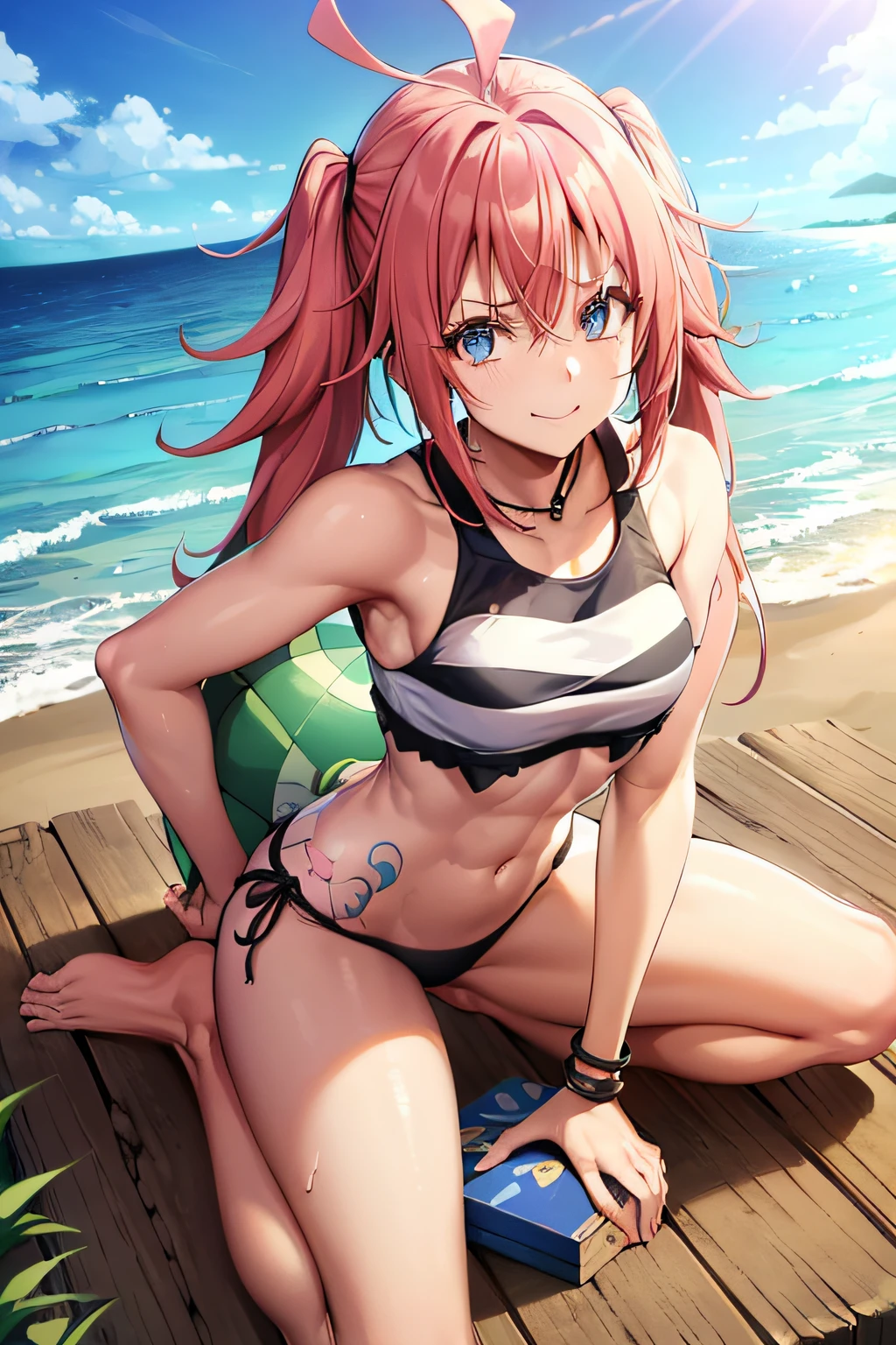 ((female)), (very messy hair), (sorriso feliz), Presas, ((abdominais rasgados)), Toned arms and legs, peitos pequenos, Suor excessiva, (Summer beach scenery), olhos bem azuis, standingn, barefoot, ((pose de boxeador))