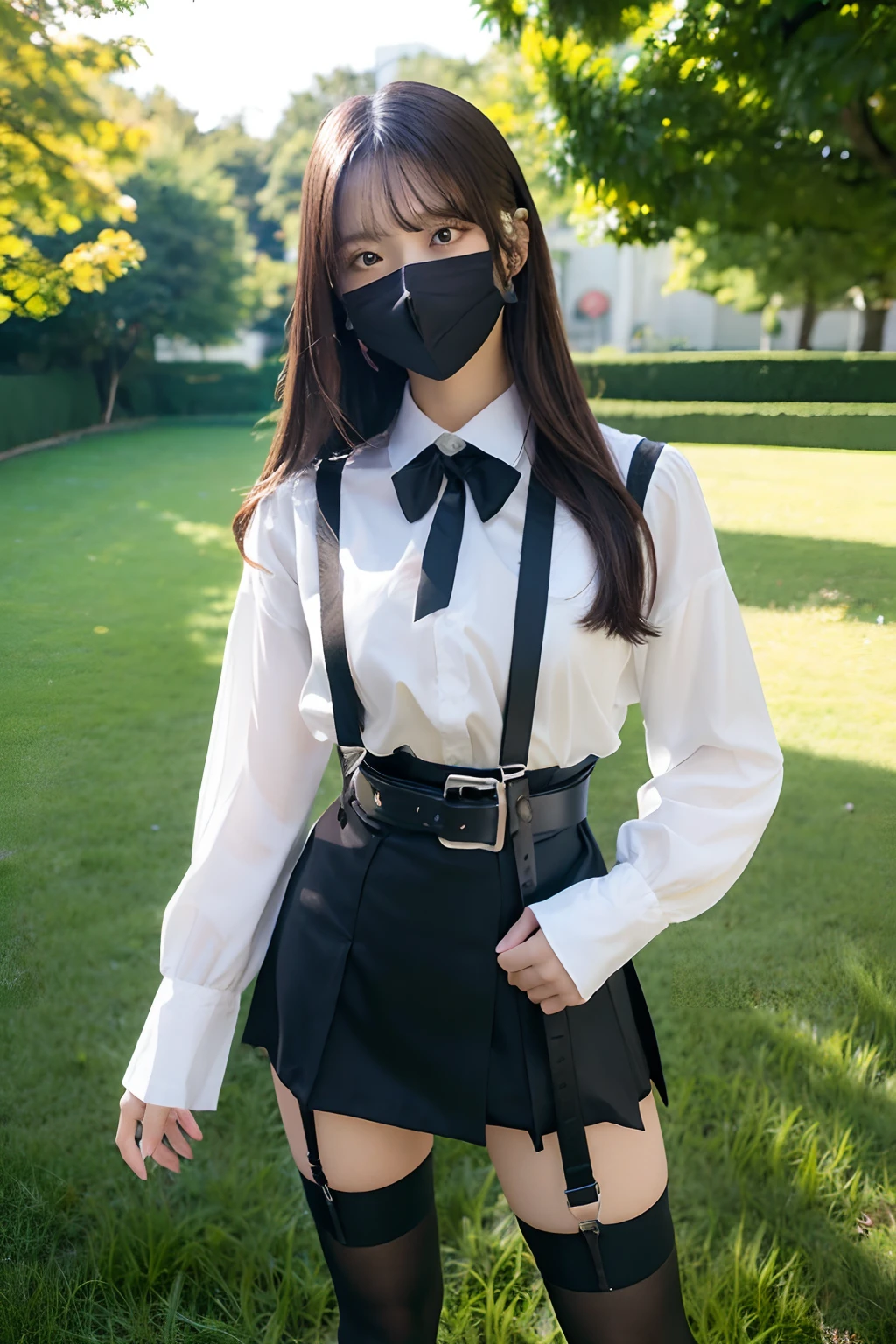 masterpiece、top-quality、The ultra -The high-definition、、colourfull、flat-colors、depth of fields、lens flare 1 girl、、A dark-haired、watching at viewers Cutter shirt a belt suspenders working adults materia OL Black Suit Black jacket glares huge-breasted a miniskirt garterbelts knee high Stockings Black Neeso Mask Mouse-colored eyes