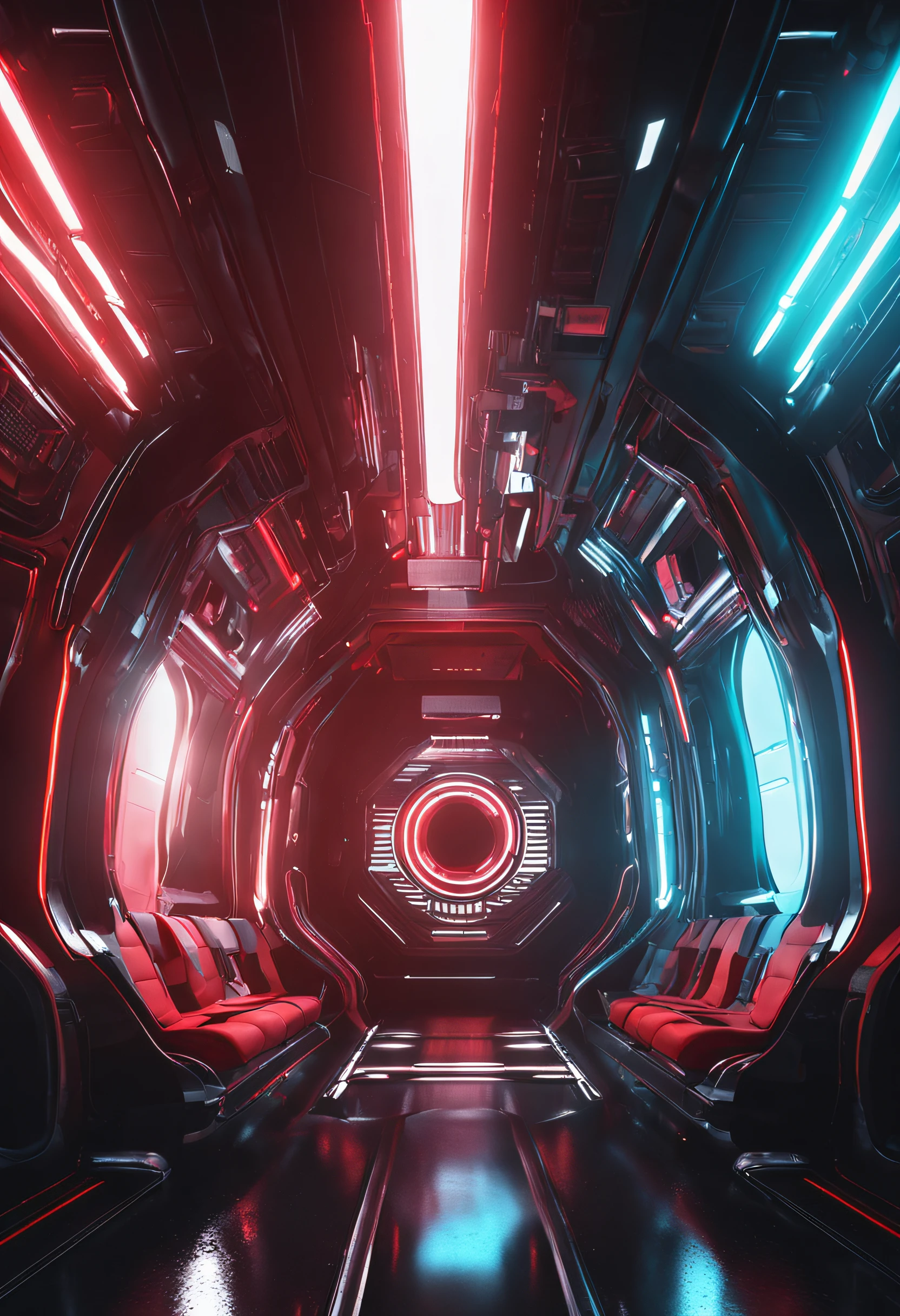 nave espacial vermelha com branco e preto, tecnologia futurista, glowing neon lighting, Realistic details and vivid textures.
