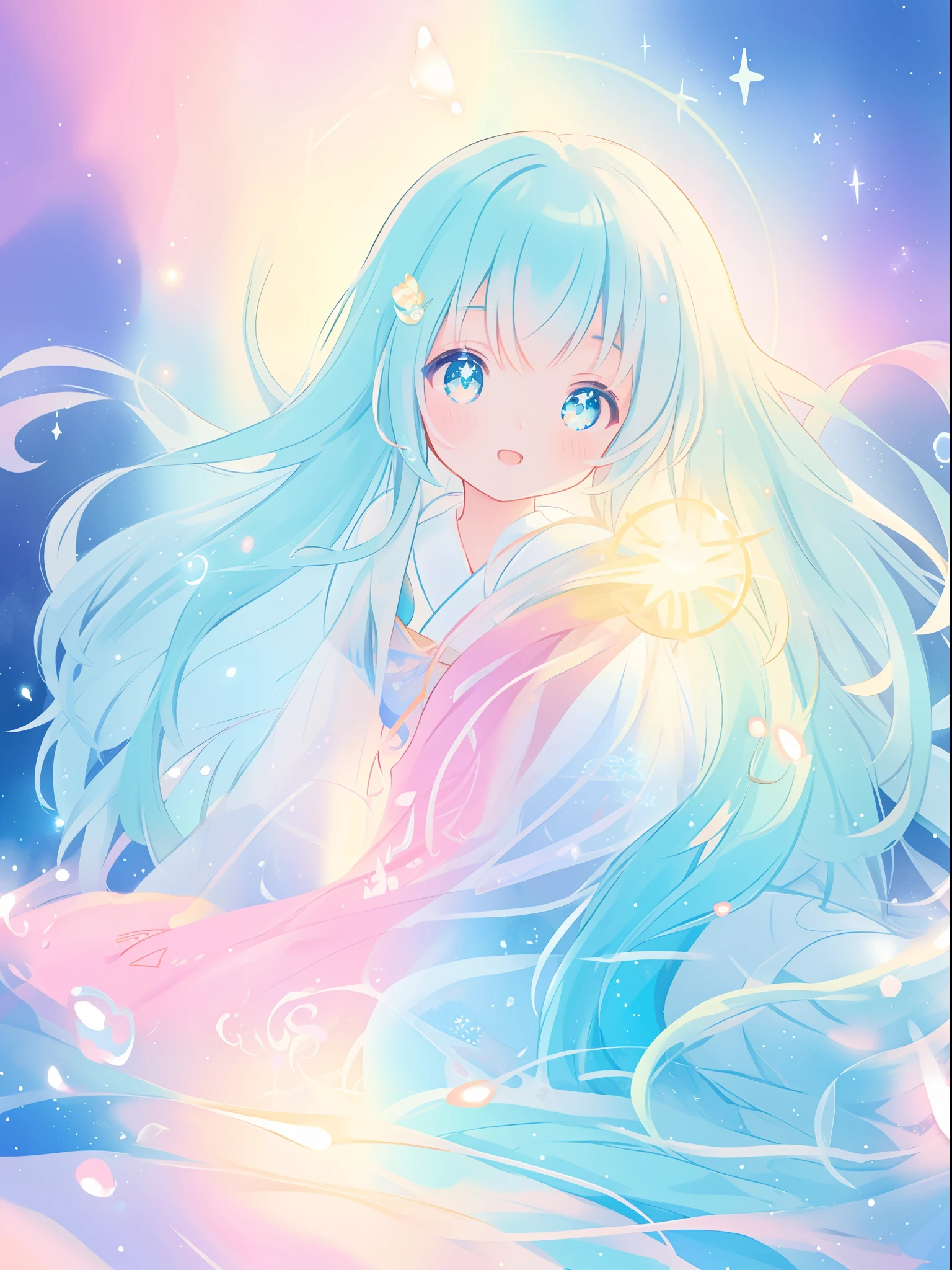 beautiful anime girl in colorful dress made of water, vibrant pastel colors, (colorful), magical liquid lights, colorful long hair made of liquid light, sparkling lines of light, inspired by Glen Keane, inspired by Lois van Baarle, disney art style, by Lois van Baarle, glowing aura around her, by Glen Keane, jen bartel, glowing lights! digital painting, flowing glowing hair, glowing flowing hair, beautiful digital illustration, fantasia background, whimsical, magical, fantasy, beautiful face, ((masterpiece, best quality)), intricate details, highly detailed, sharp focus, 8k resolution, sparkling detailed eyes, liquid watercolor