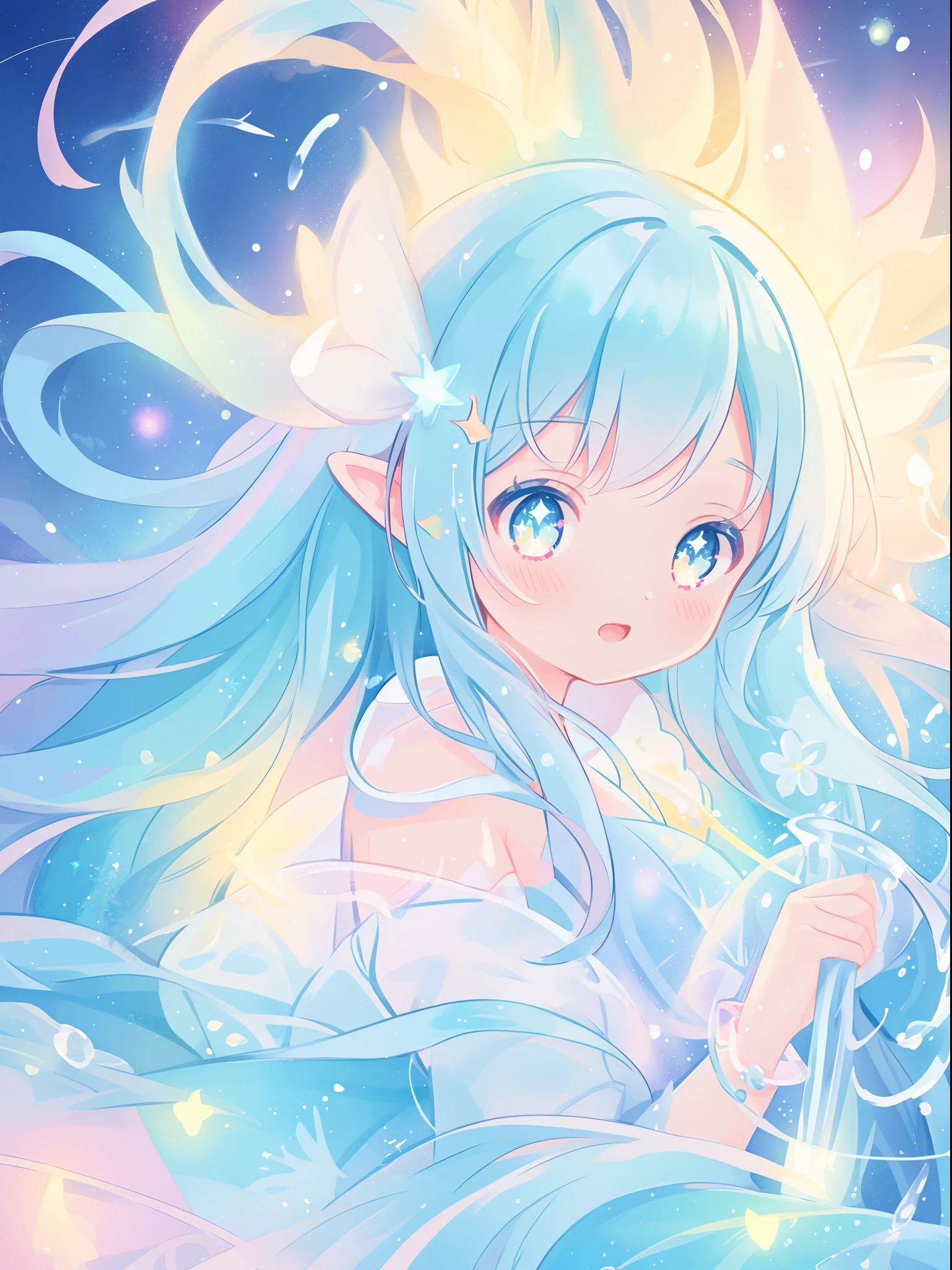 beautiful anime girl in colorful dress made of water, vibrant pastel colors, (colorful), magical liquid lights, colorful long hair made of liquid light, sparkling lines of light, inspired by Glen Keane, inspired by Lois van Baarle, disney art style, by Lois van Baarle, glowing aura around her, by Glen Keane, jen bartel, glowing lights! digital painting, flowing glowing hair, glowing flowing hair, beautiful digital illustration, fantasia background, whimsical, magical, fantasy, beautiful face, ((masterpiece, best quality)), intricate details, highly detailed, sharp focus, 8k resolution, sparkling detailed eyes, liquid watercolor