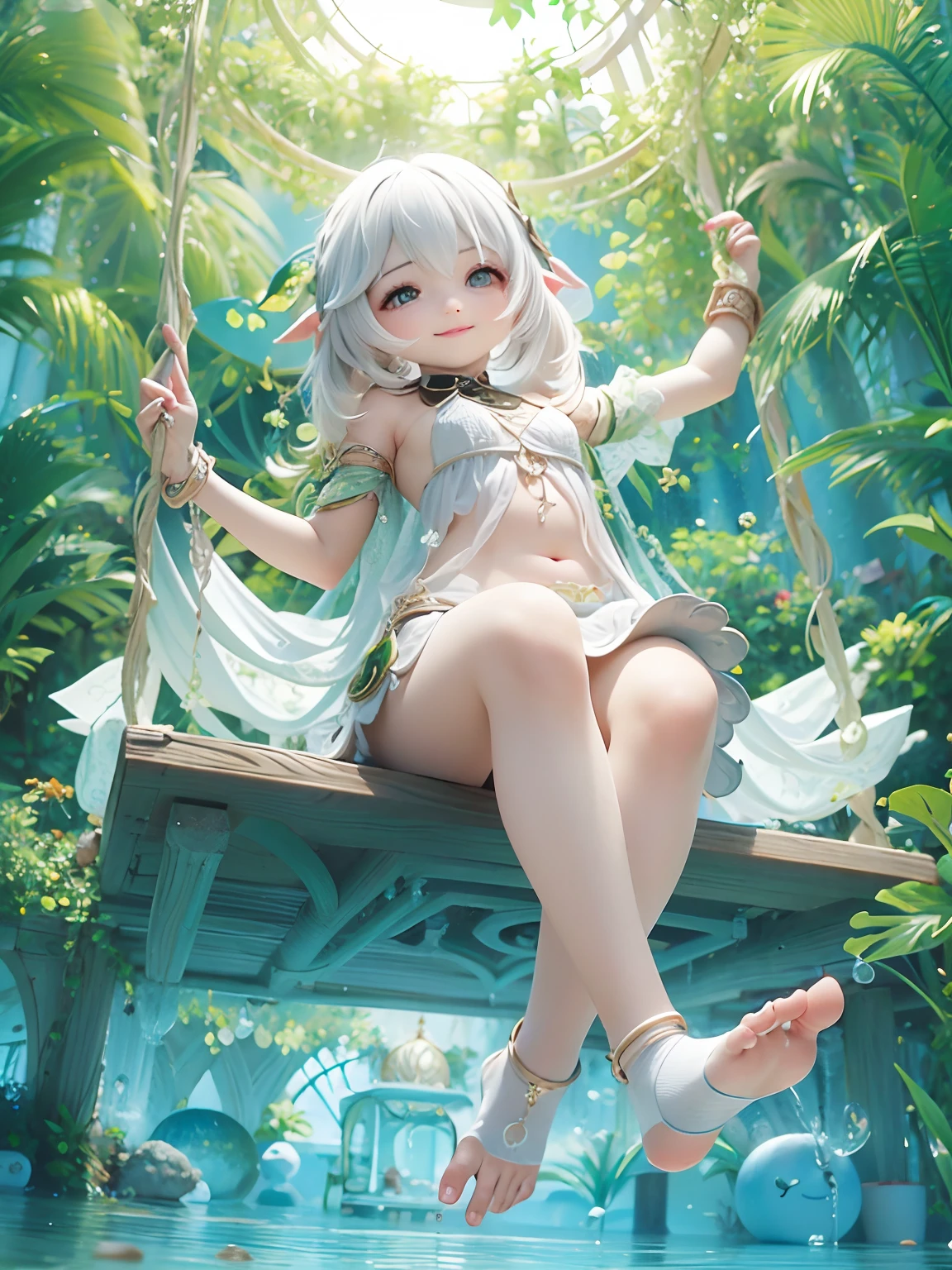 Nasida，Sitting on the beach，Ten-year-old loli image，Voluptuous body type，light  smile，exposing your navel，Sexy bikini，Short white dress，Metal anklet, feet posing, mid view from below her feet, exposed toes, very close up foot shot, very close up foot pov shot, low view, Sexy feet, detailed foot pov, The barefoot, Feet, feet and hands, high soles, happy toes