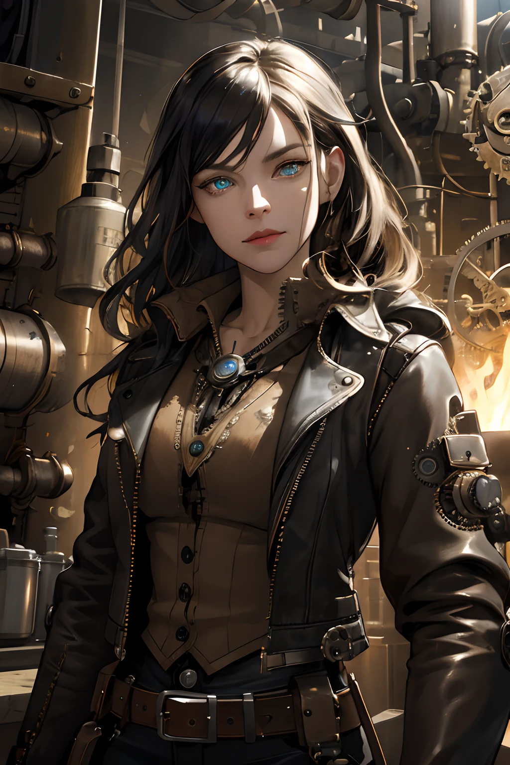 (absurdres, highres, ultra detailed), 1woman, mature female, aged up, wavy long hair, split-color hair, heterochromia, bangs, long sleeves, finely detailed eyes and detailed face, extremely detailed CG unity 8k wallpaper, intricate details, (style-rustmagic:0.8), (medieval cyborg:0.8), portrait, (bloody wounds:0.7), looking at viewer, solo, half shot, detailed background, (steampunk theme:1.1) determined expression, dark couds technomancer, floating lights, color leather vest with gears, techwear, jetpack, workshop in background, machines, gears, steam, industry, technology, furnace, grime, anvil, buttons, levers, automaton, electricity, electric sparks epic atmosphere,, portrait