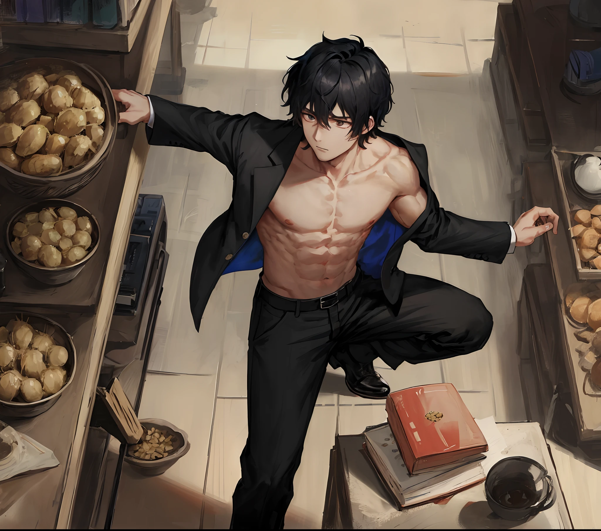 Boy, flowing black hair short, sharp, shaggy features, Wheaty skin ,anime , Bare chest muscles, black pants